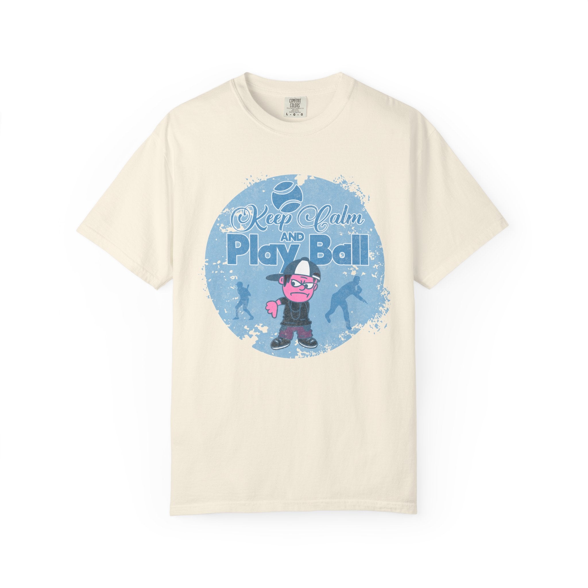 Textured Keep Calm and Play Ball Baseball T-Shirt — Cute Mascot Sports Tee for Kids & Fans