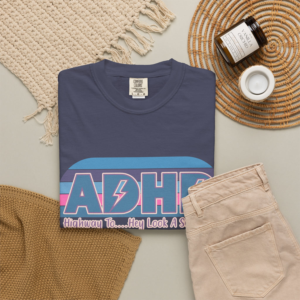 ADHD Retro Stripe T-Shirt — “Highway To… Hey Look A Squirrel!” Funny Neurodivergent Tee