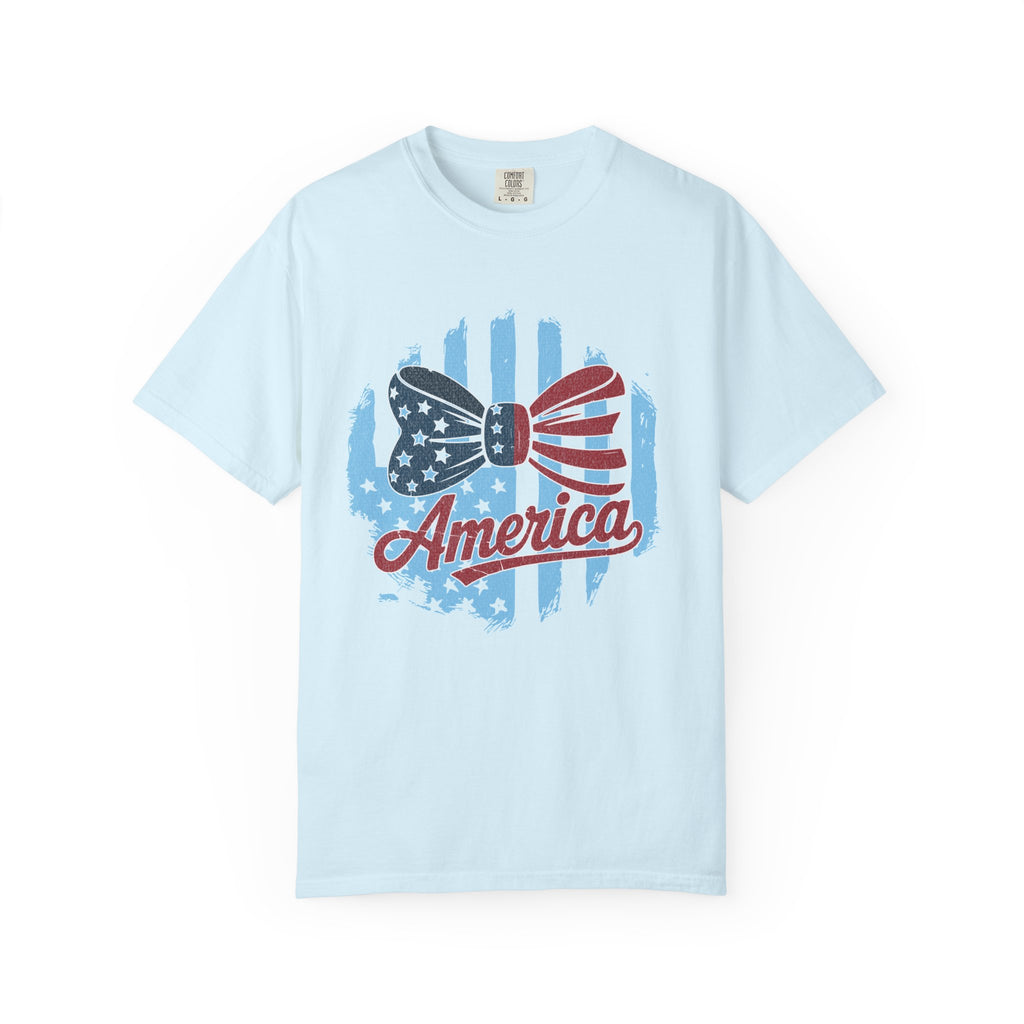 America Patriotic Bow Textured T-Shirt — USA Flag Graphic Tee for 4th of July