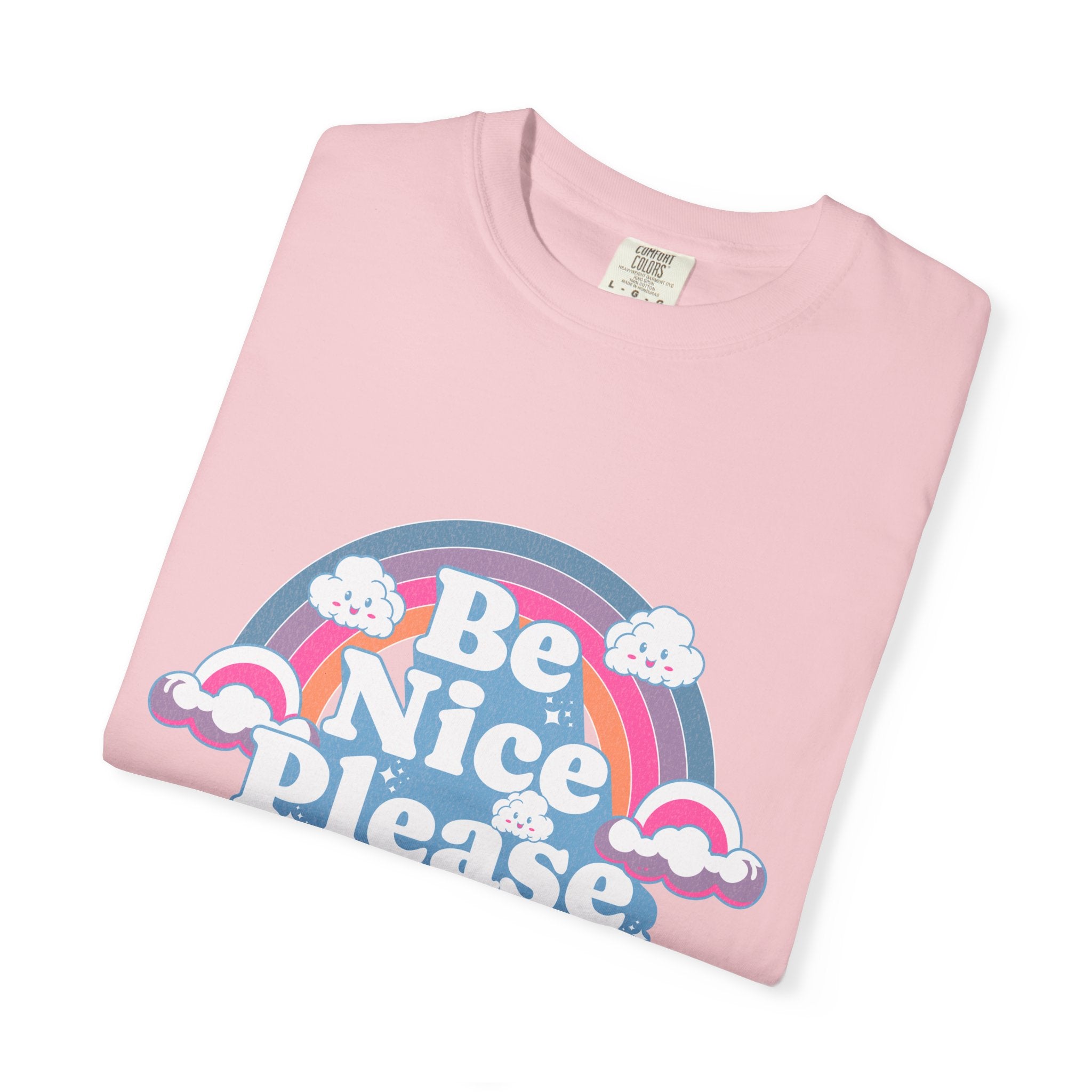 Be Nice Please Textured T-Shirt — Retro Rainbow Positive Message Tee