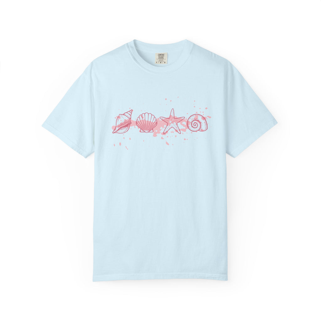Textured Seashell Line Art T-Shirt — Pink Coastal Shells Graphic Tee