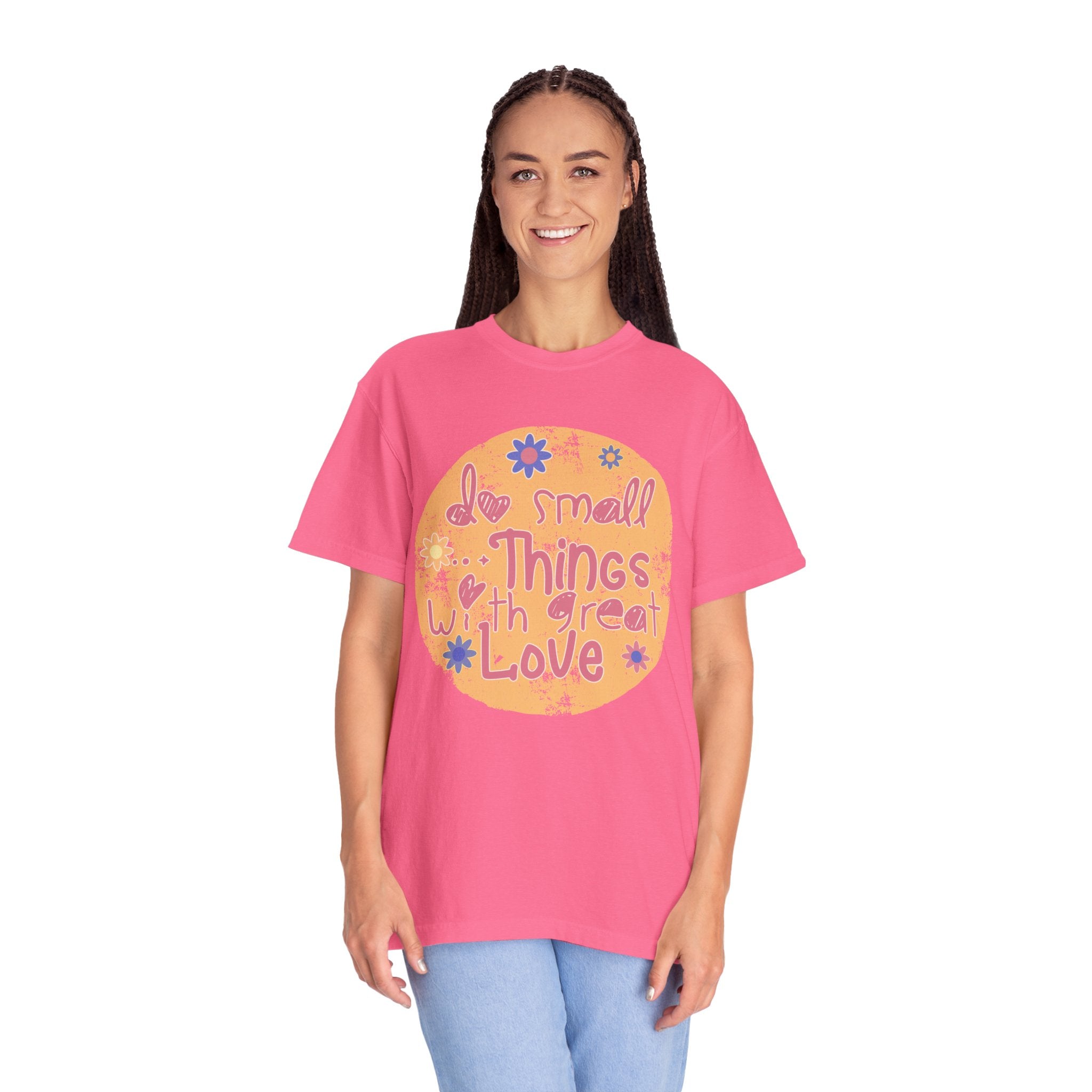 Textured Inspirational Tee — "Do Small Things With Great Love" Floral Graphic