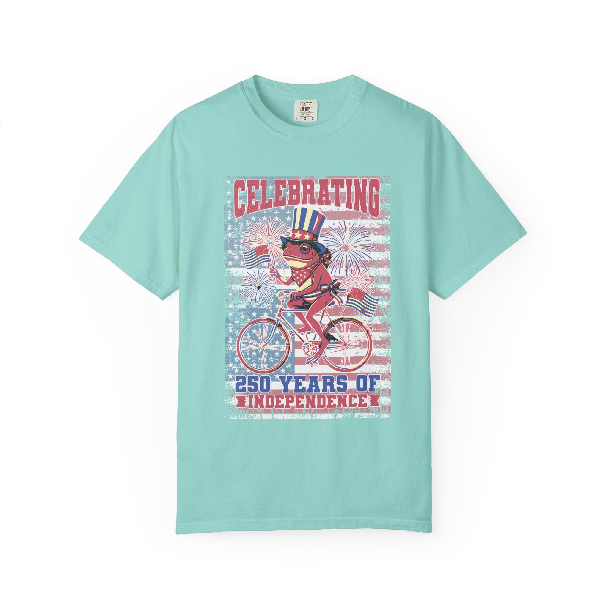Textured Independence Day Dog on Bike T-Shirt — "Celebrating 250 Years of Independence" Patriotic Tee