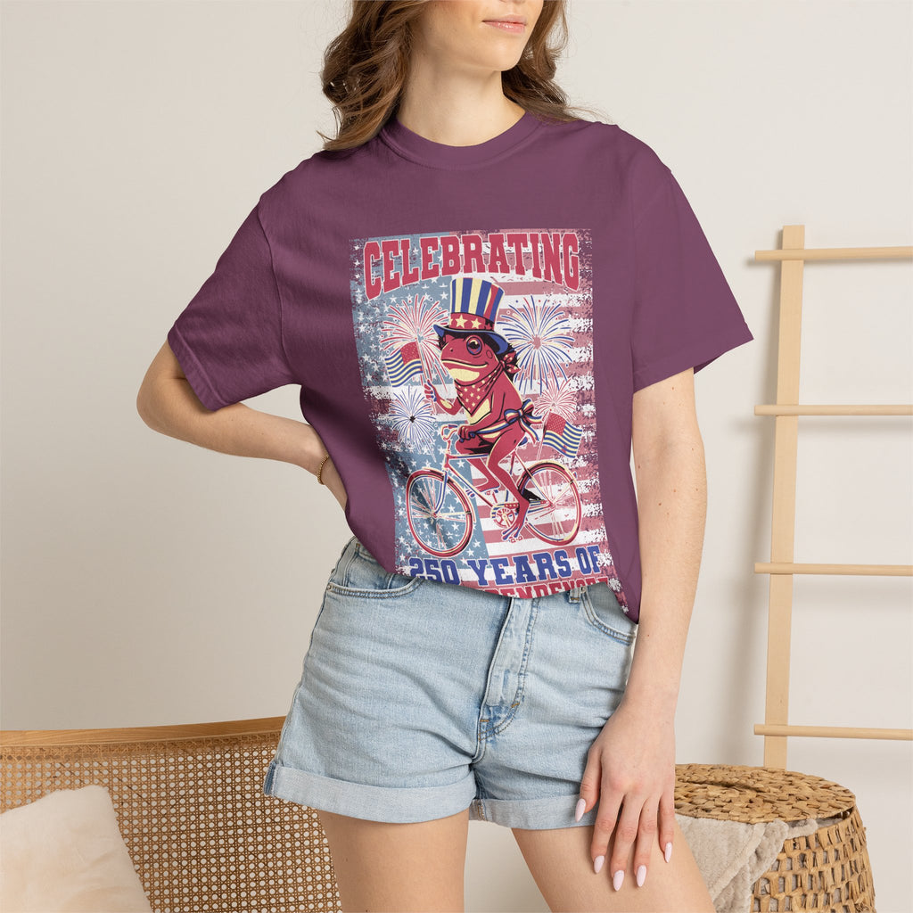 Textured Independence Day Dog on Bike T-Shirt — "Celebrating 250 Years of Independence" Patriotic Tee