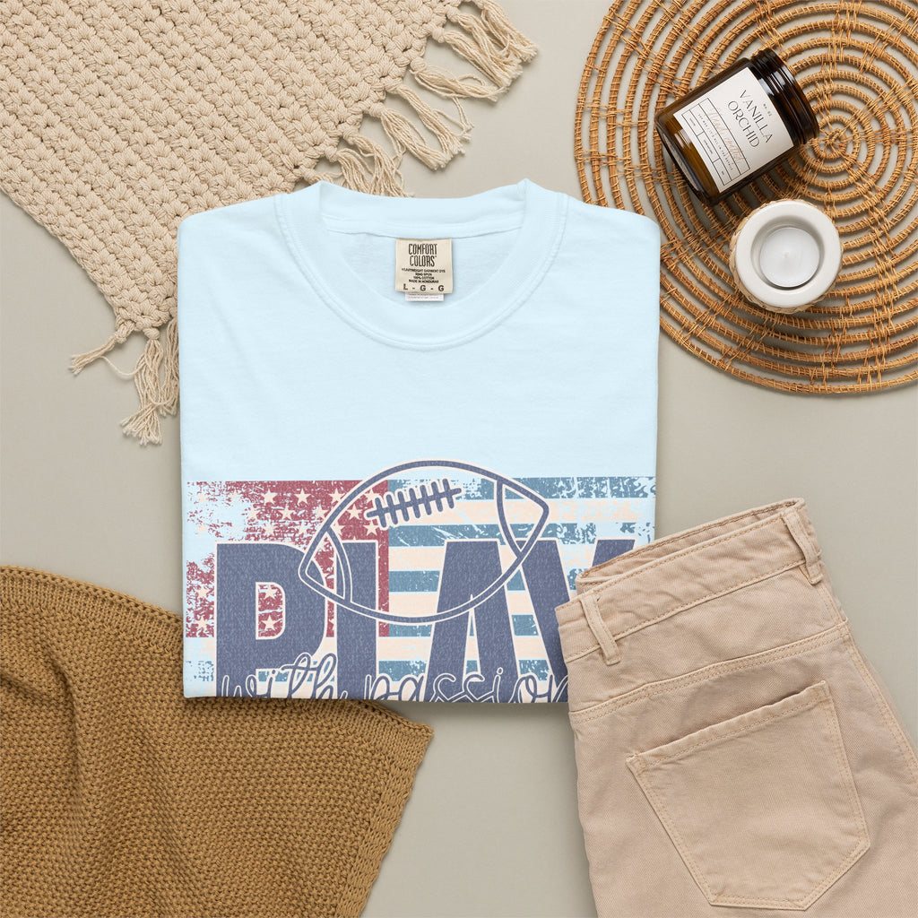 Play With Passion Football Textured Tee — Vintage American Flag Sports Tee