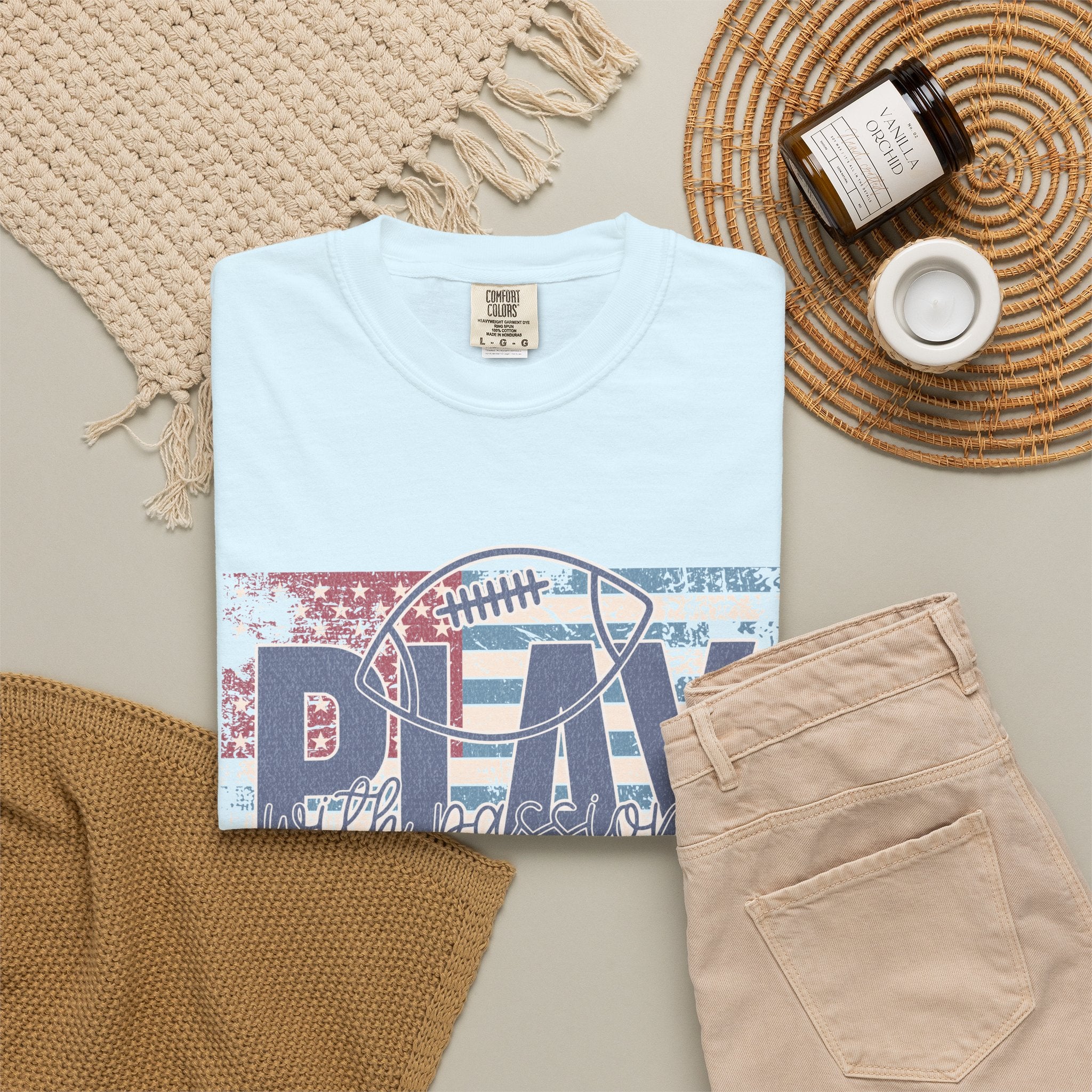 Play With Passion Football Textured Tee — Vintage American Flag Sports Tee