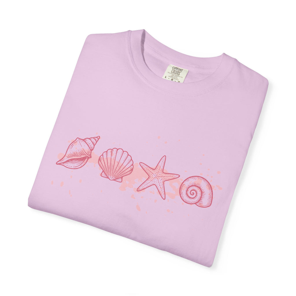 Textured Seashell Line Art T-Shirt — Pink Coastal Shells Graphic Tee