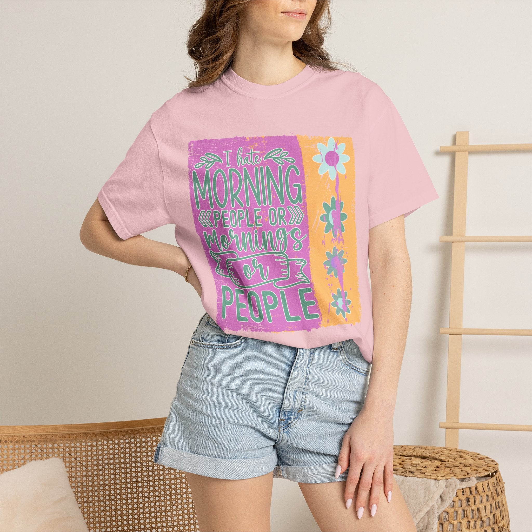 Graphic Textured T-Shirt — “Not a Morning Person” Retro Floral Block Design