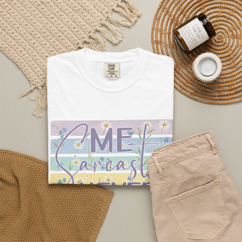 Textured Sarcastic Never T-Shirt — Pastel Striped 'Me? Sarcastic? Never' Graphic Tee