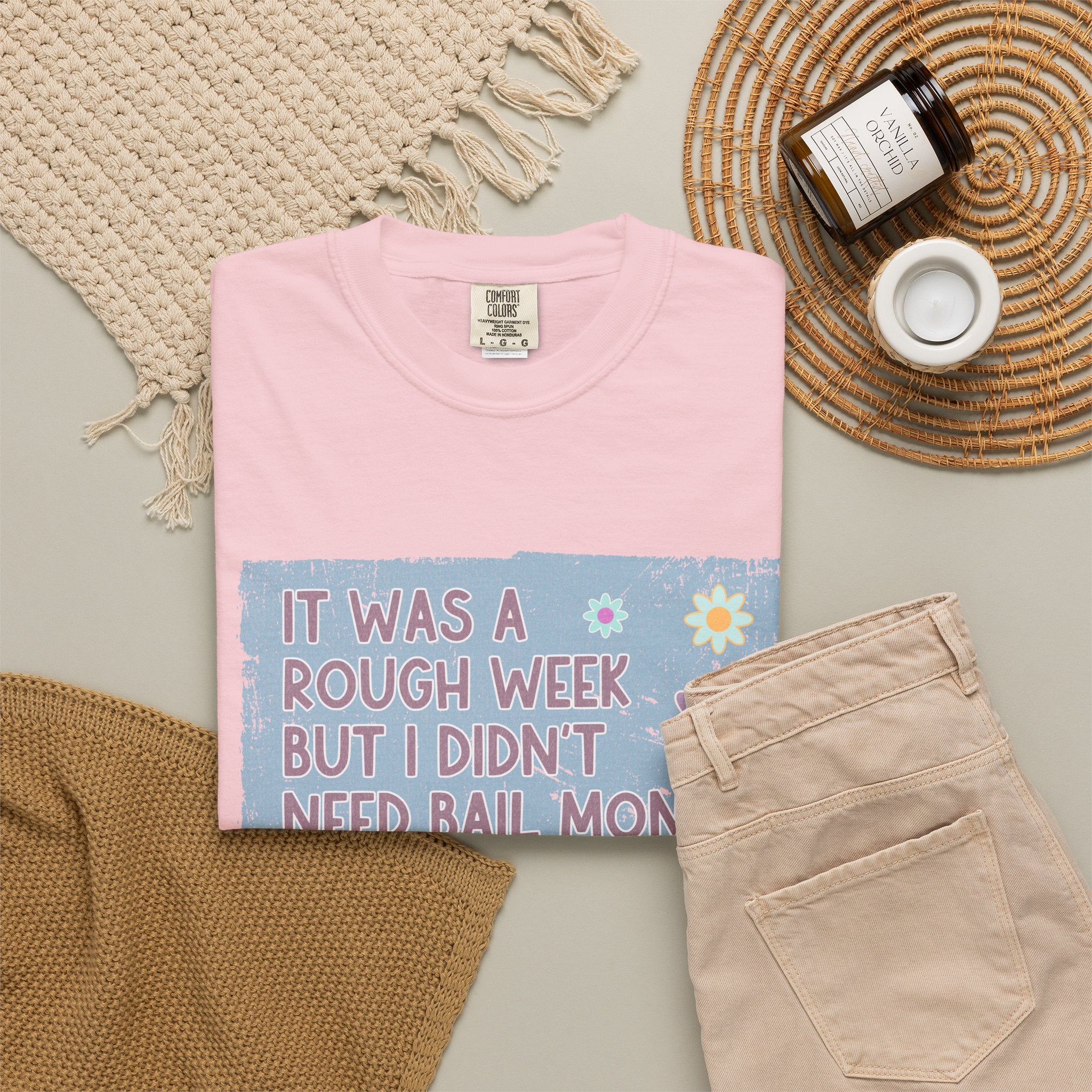 Textured Graphic T-Shirt — "It Was a Rough Week But I Didn't Need Bail Money" Vintage Floral Tee