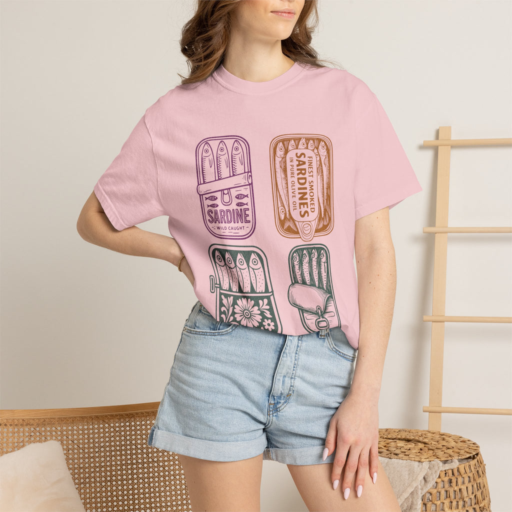 Sardine Tin Graphic Textured T-Shirt — Vintage Seafood Illustration Tee
