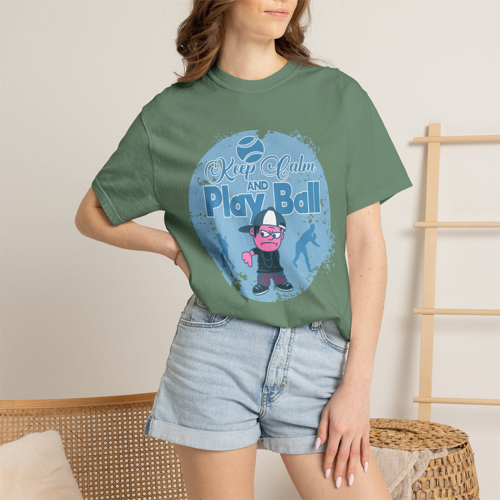 Textured Keep Calm and Play Ball Baseball T-Shirt — Cute Mascot Sports Tee for Kids & Fans
