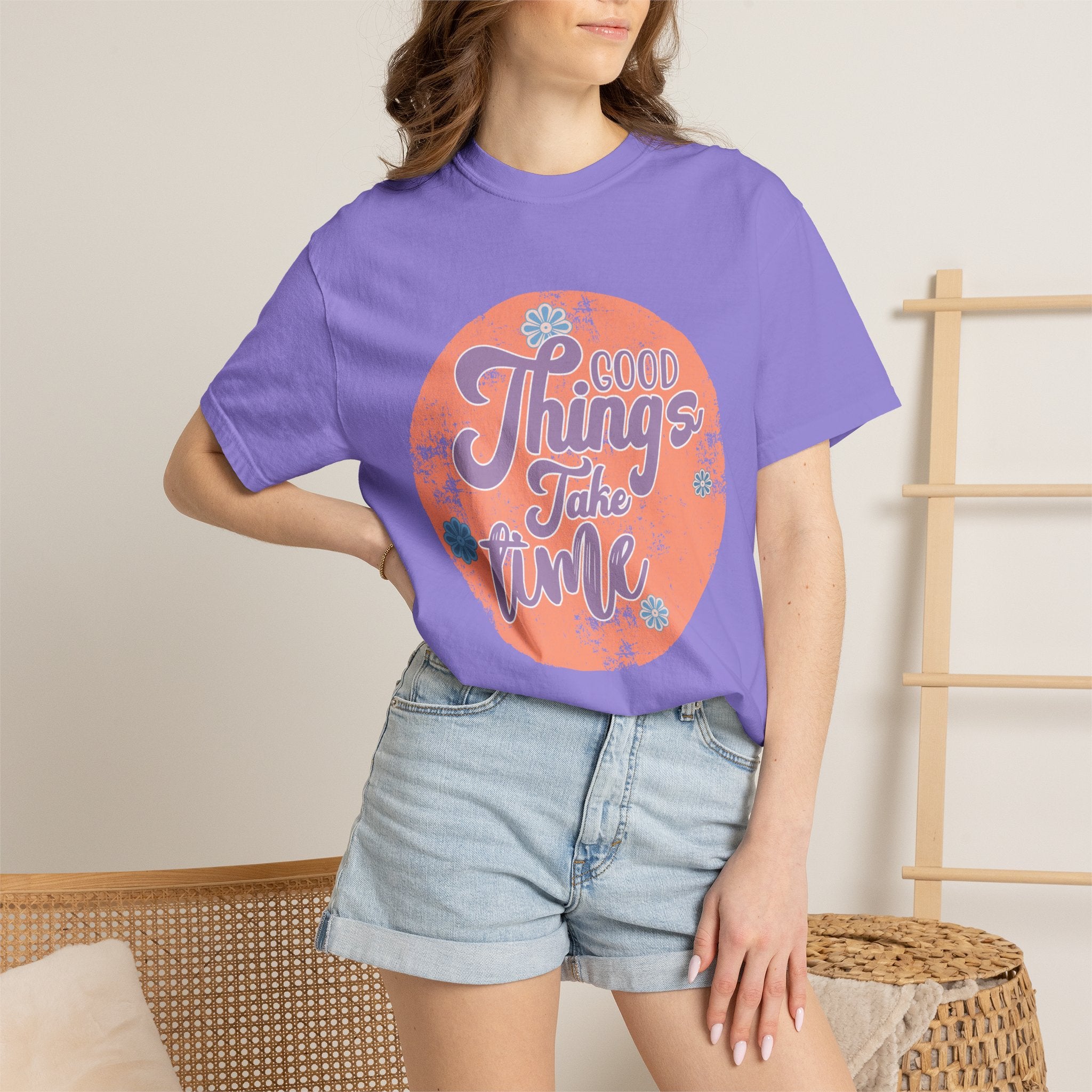 Good Things Take Time T-shirt | Textured Retro Script Circle Design