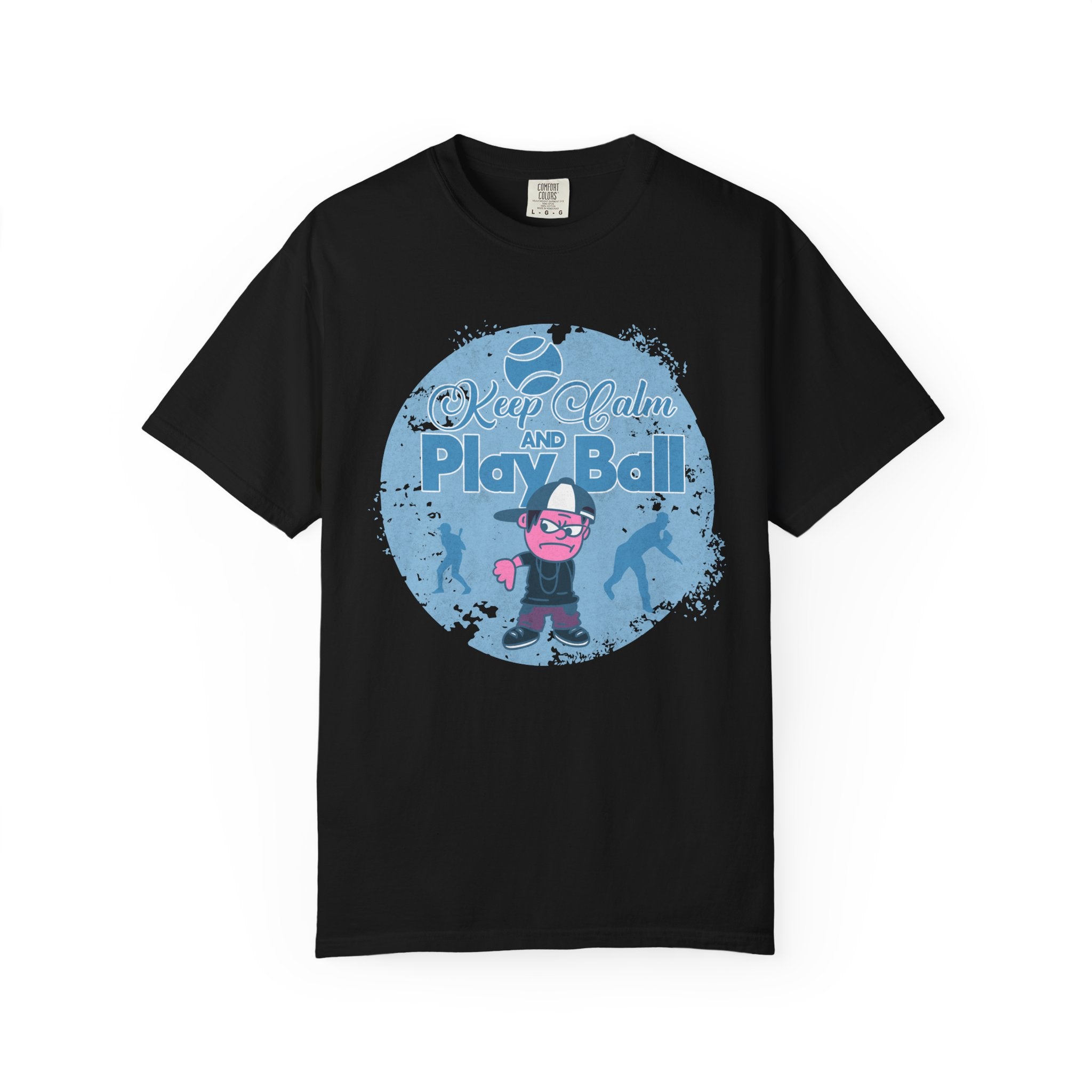 Textured Keep Calm and Play Ball Baseball T-Shirt — Cute Mascot Sports Tee for Kids & Fans