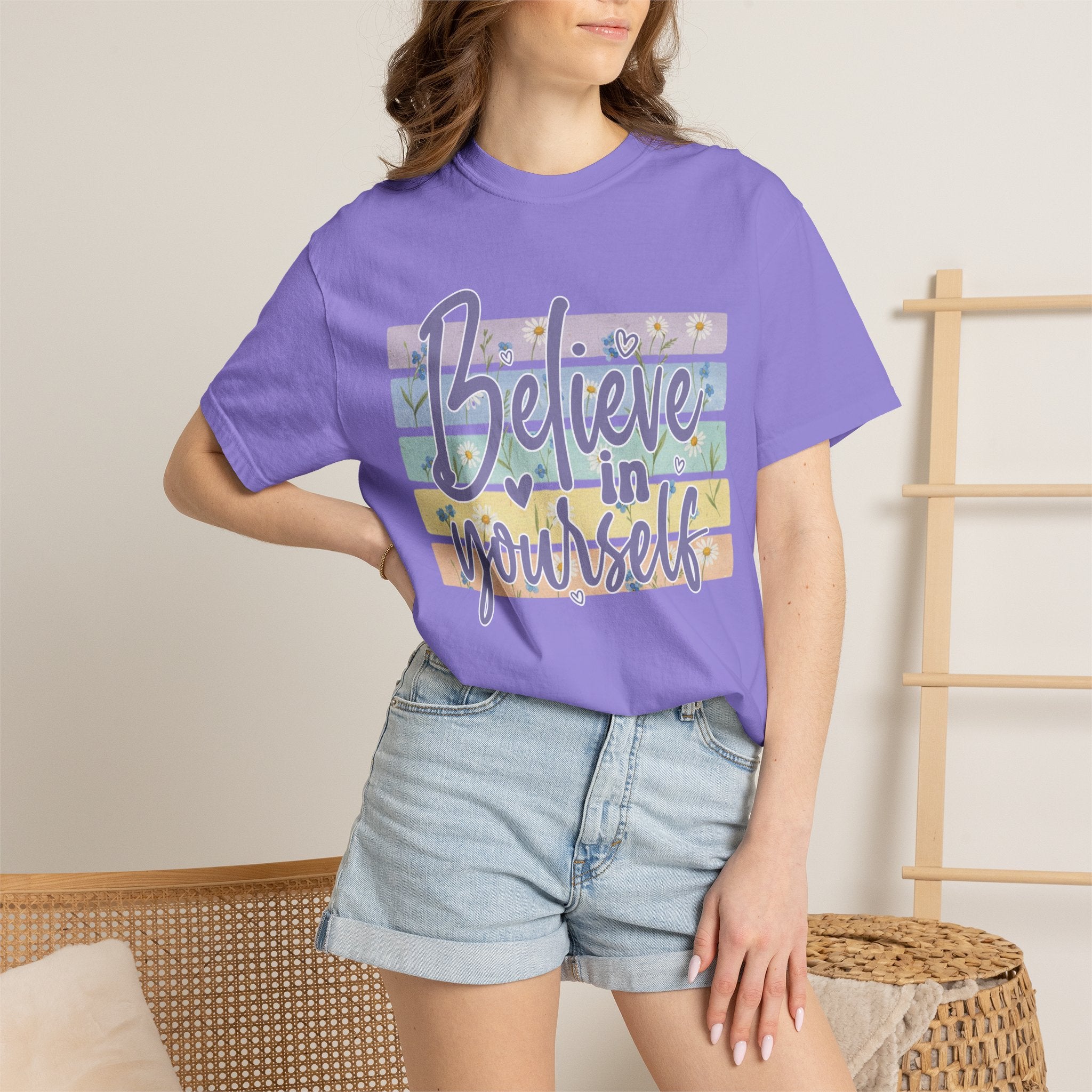 Textured Believe in Yourself T‑Shirt — Pastel Stripes Inspirational Tee