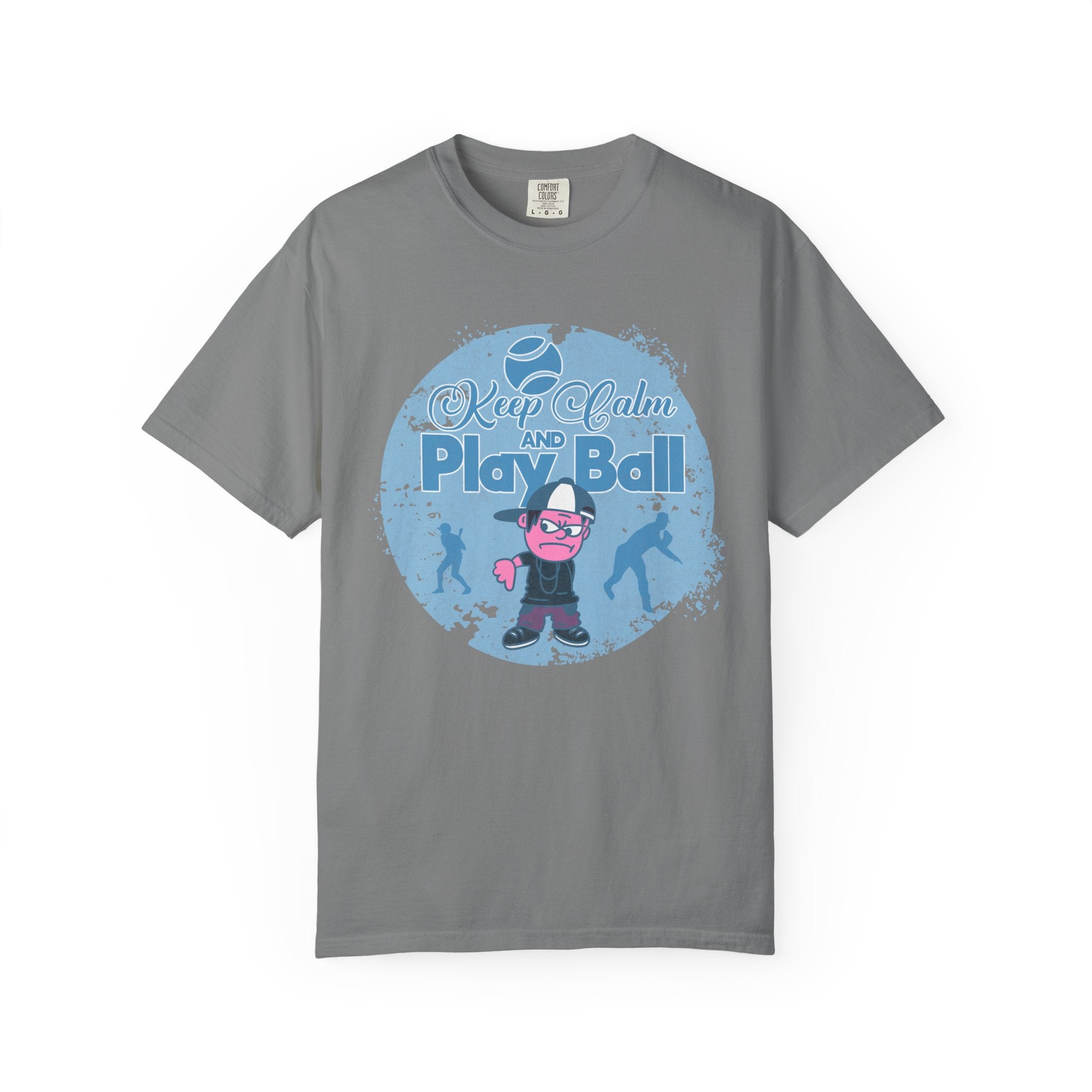 Textured Keep Calm and Play Ball Baseball T-Shirt — Cute Mascot Sports Tee for Kids & Fans