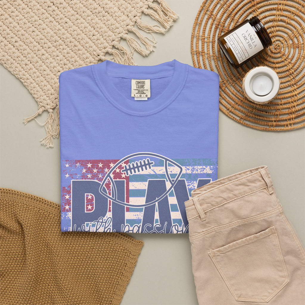 Play With Passion Football Textured Tee — Vintage American Flag Sports Tee