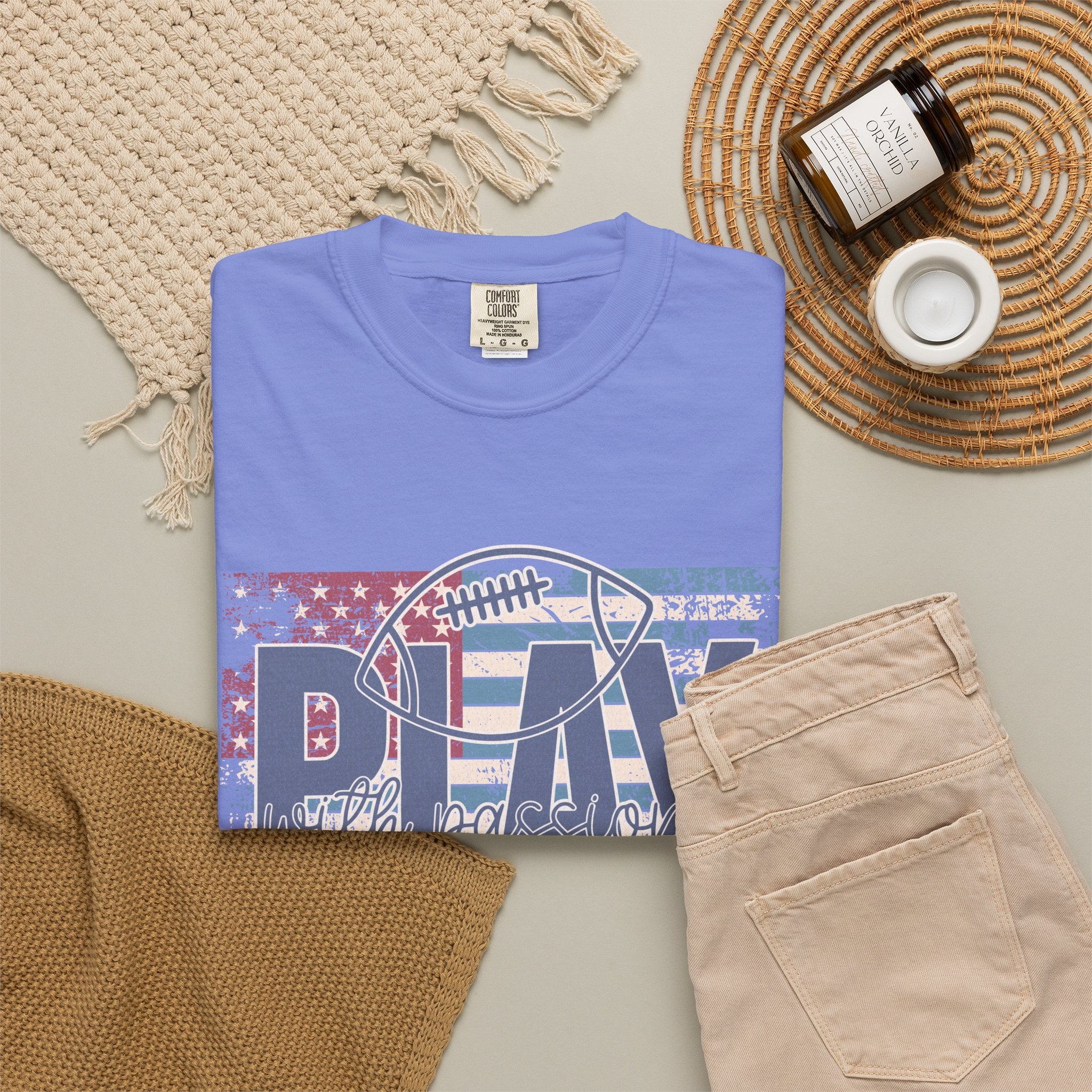 Play With Passion Football Textured Tee — Vintage American Flag Sports Tee