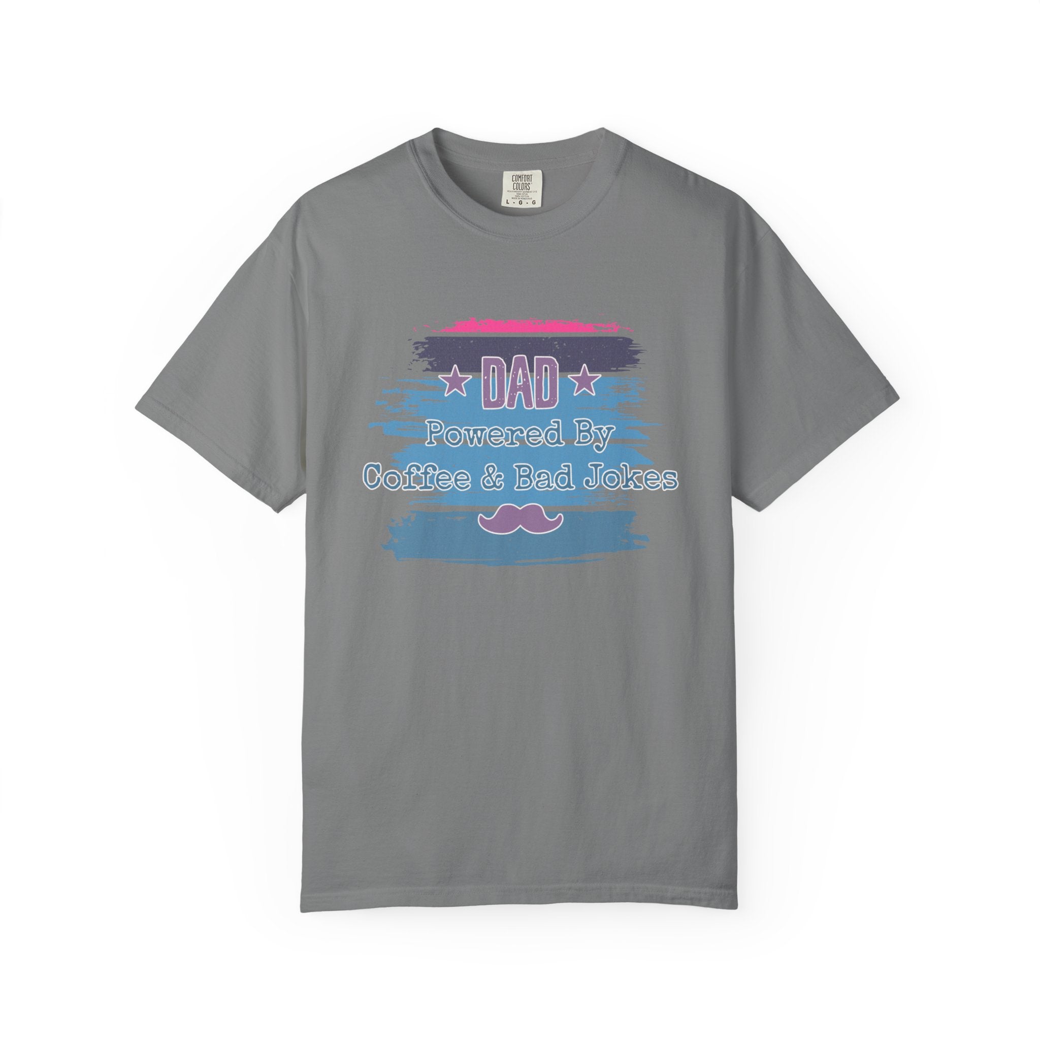 Textured Dad T-Shirt - "Powered By Coffee & Bad Jokes" Vintage Stripe Father's Day Tee