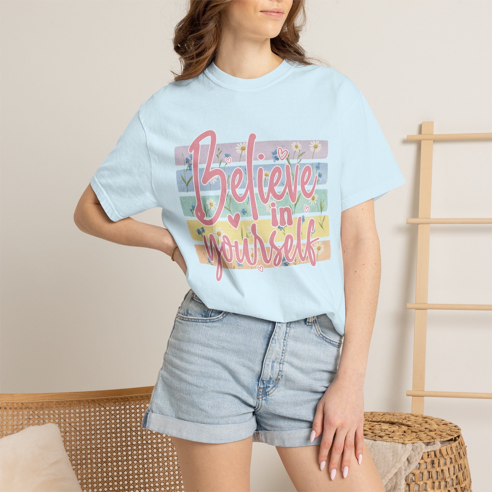Textured Believe in Yourself T-Shirt — Pastel Floral Inspirational Tee
