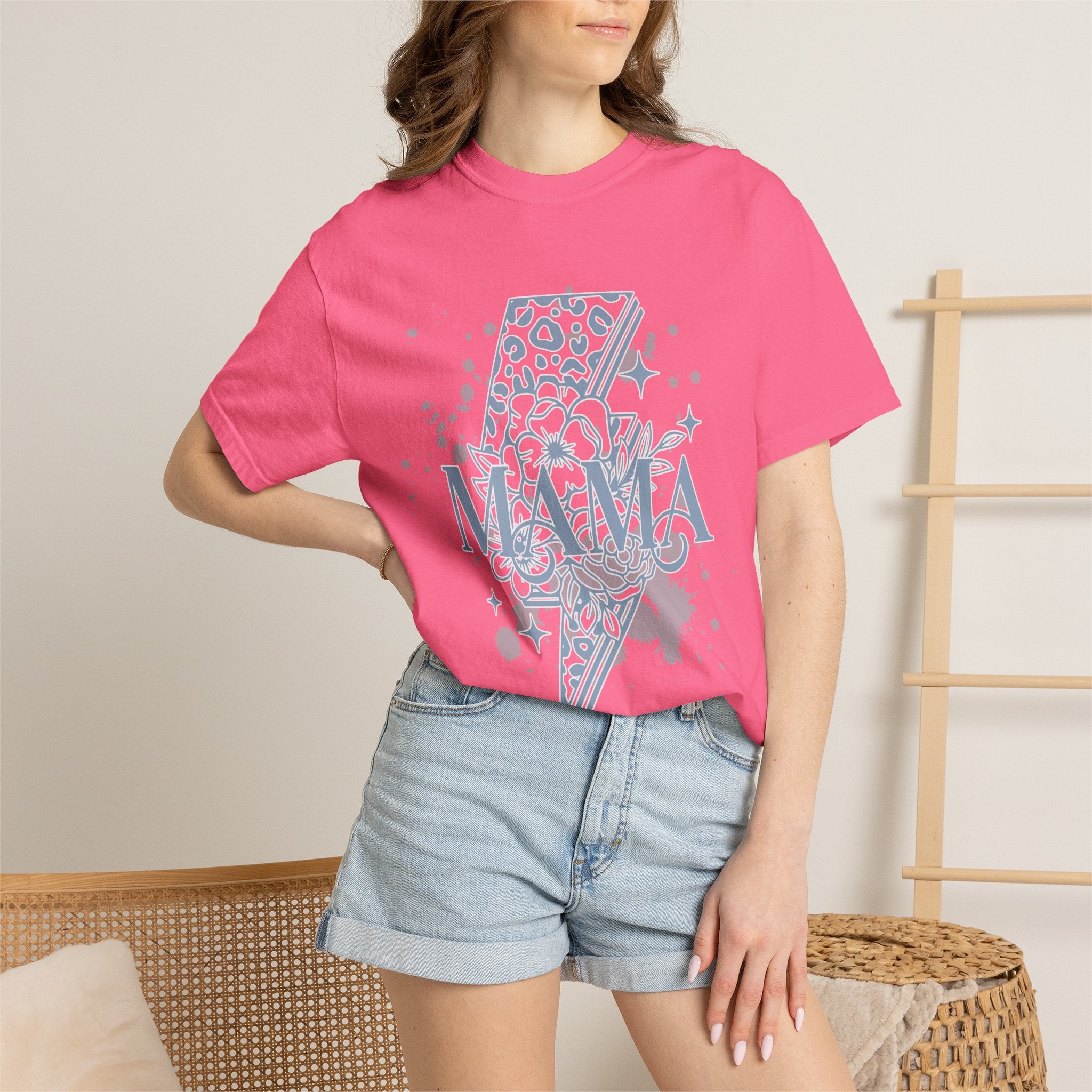 Mama Lightning Bolt Textured Graphic Tee — Floral Leopard Rocker Mom T-Shirt