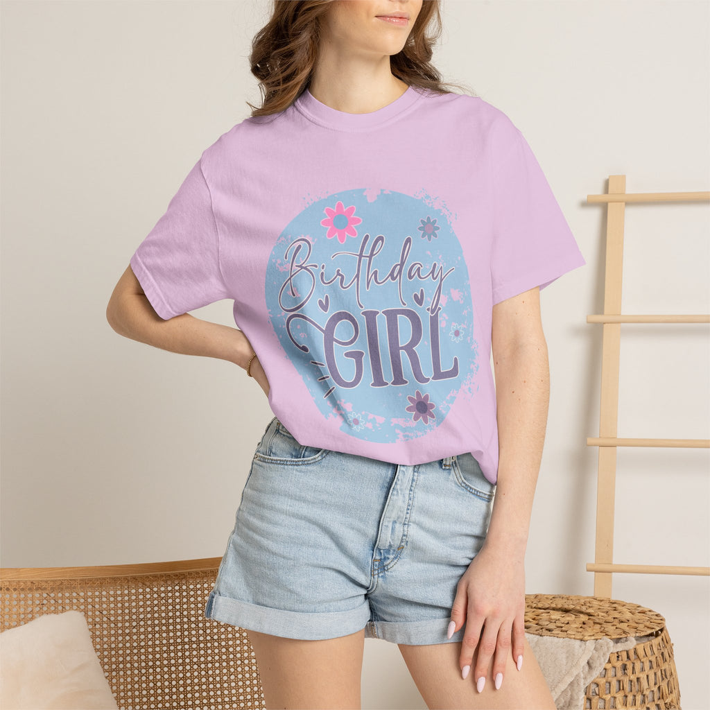 Birthday Girl Textured T-Shirt — Floral Blue Circle Graphic