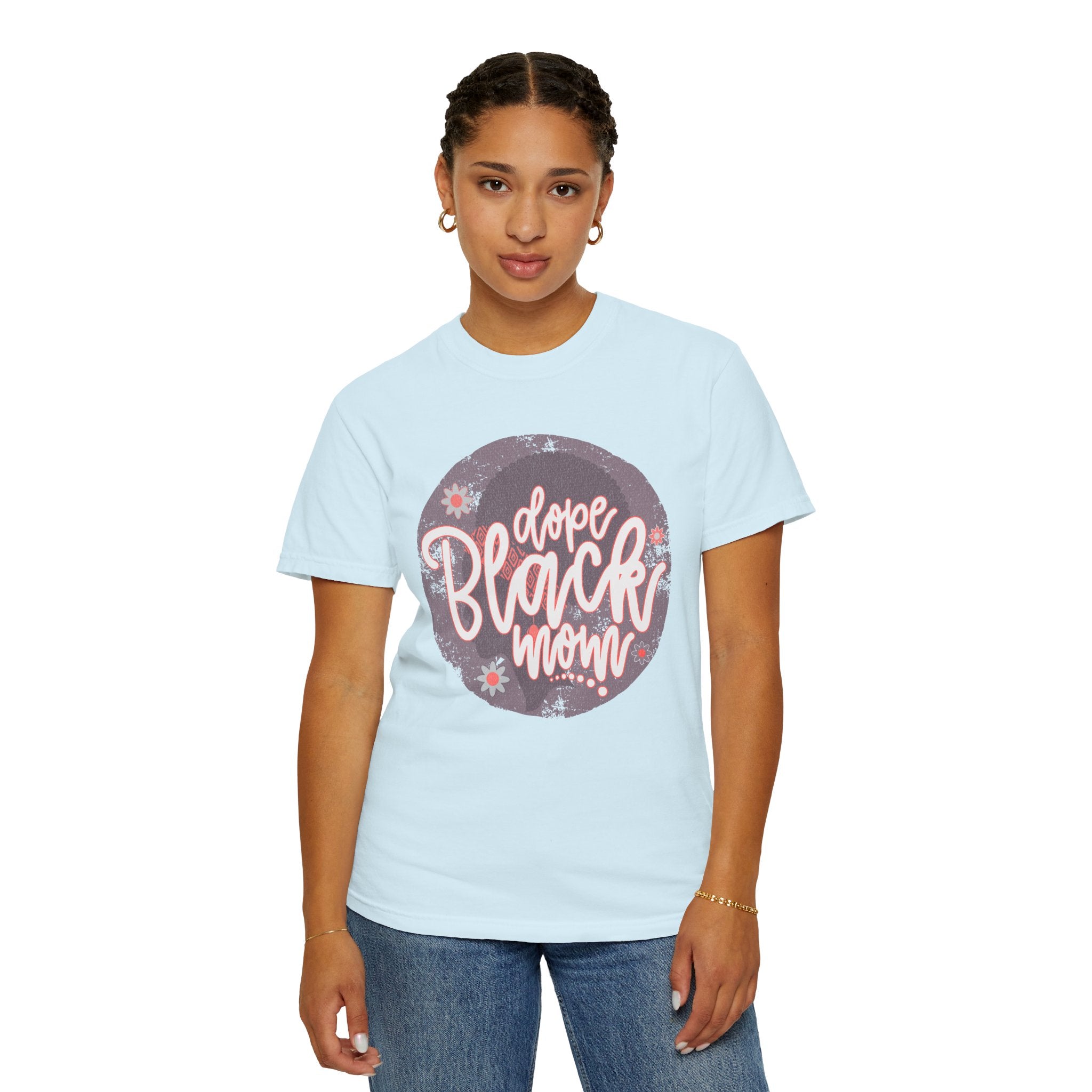 Dope Black Mom Textured T-Shirt — Floral Retro Circle Graphic for Proud Moms