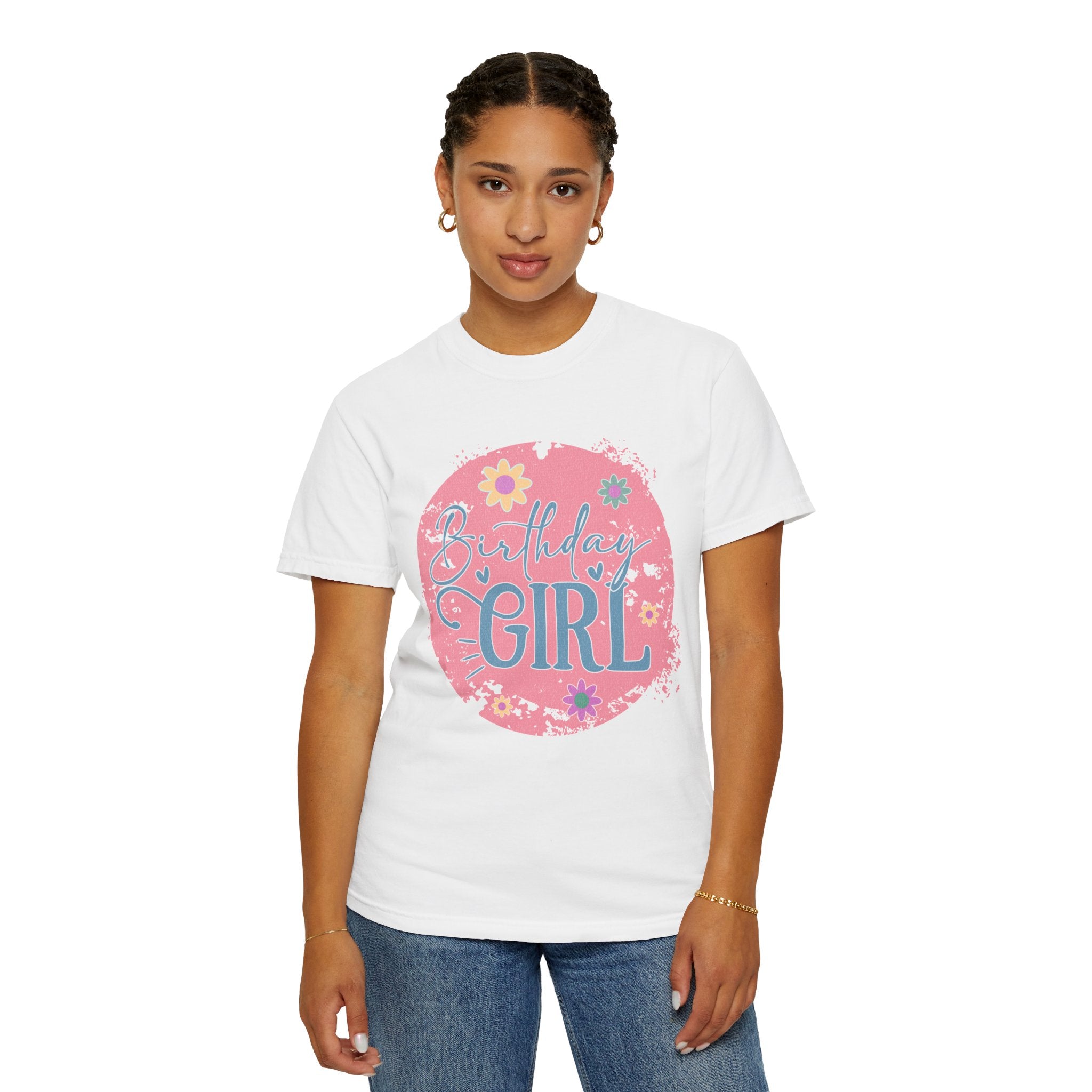 Birthday Girl Textured T-Shirt — Floral Pink Celebration Tee