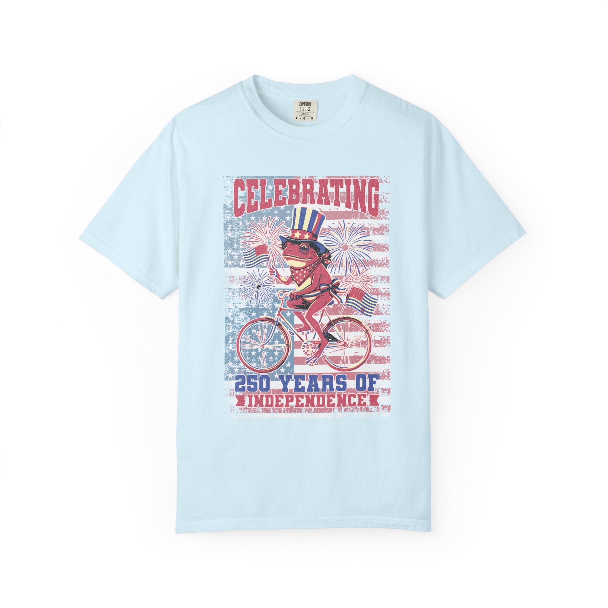 Textured Independence Day Dog on Bike T-Shirt — "Celebrating 250 Years of Independence" Patriotic Tee