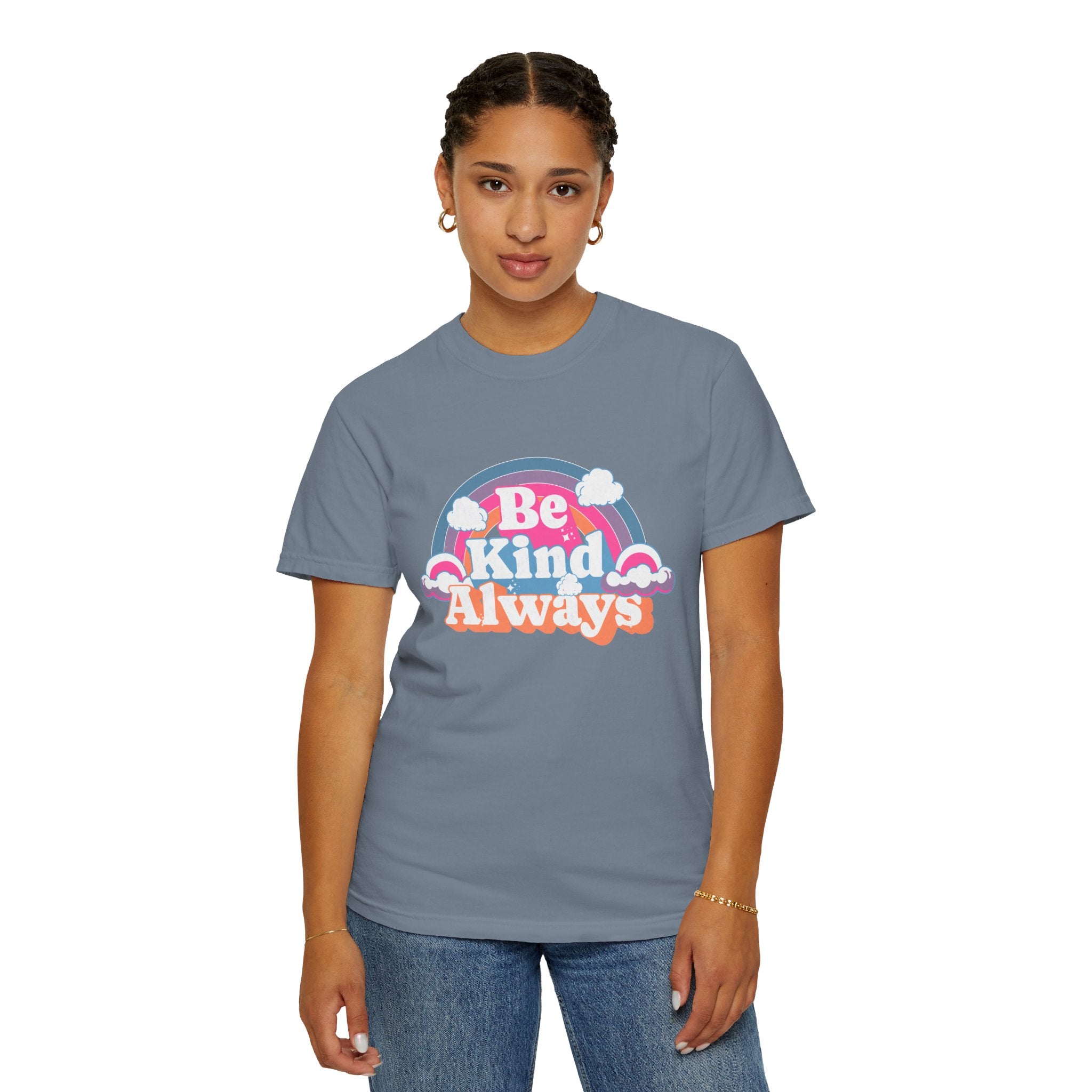 Be Kind Always Textured T-Shirt — Retro Rainbow Graphic Tee