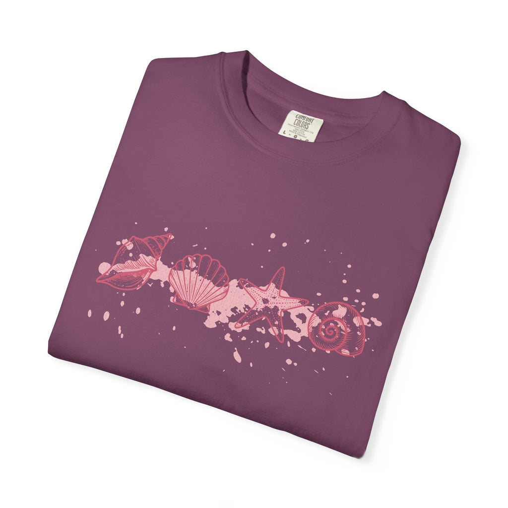Textured Seashell Line Art T-Shirt — Pink Coastal Shells Graphic Tee