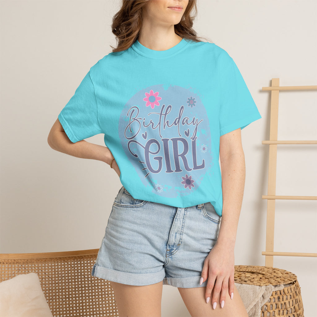Birthday Girl Textured T-Shirt — Floral Blue Circle Graphic