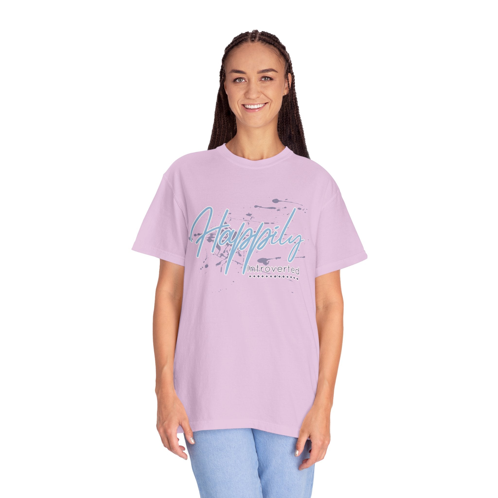 Introverted Aesthetic Textured Tee — "Happily" Script Graphic T-Shirt