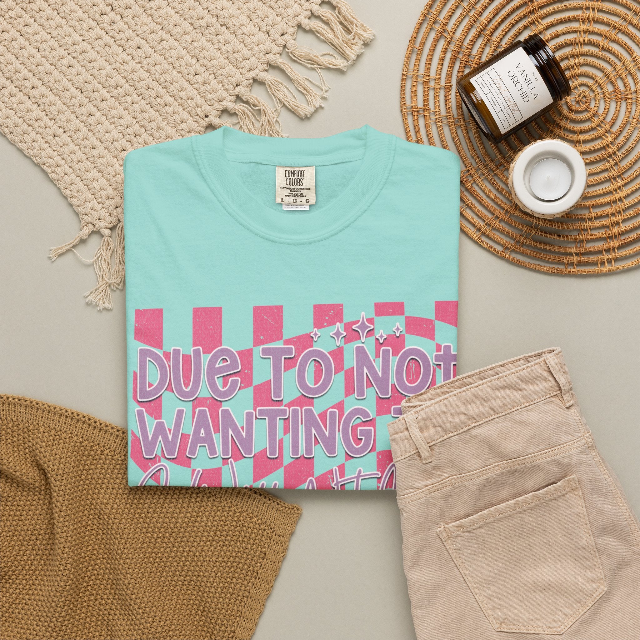 Textured Graphic Tee — “Due to Not Wanting to” Pink Checkerboard T-Shirt