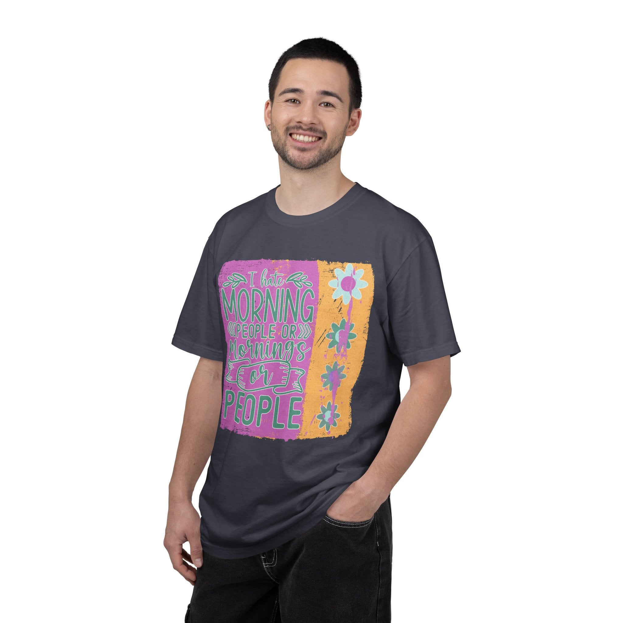 Graphic Textured T-Shirt — “Not a Morning Person” Retro Floral Block Design