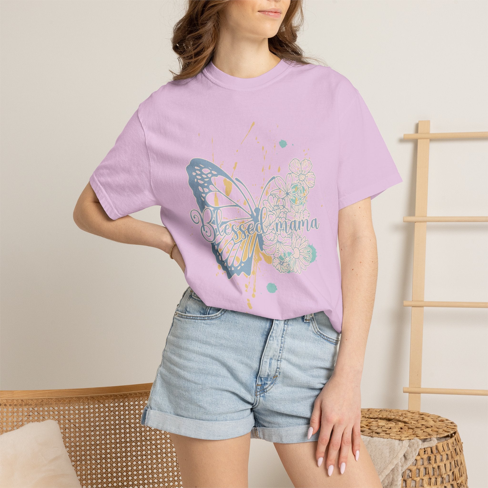 Retro Butterfly Blessed Mama Tee —Textured Serene Aqua Nature Graphic