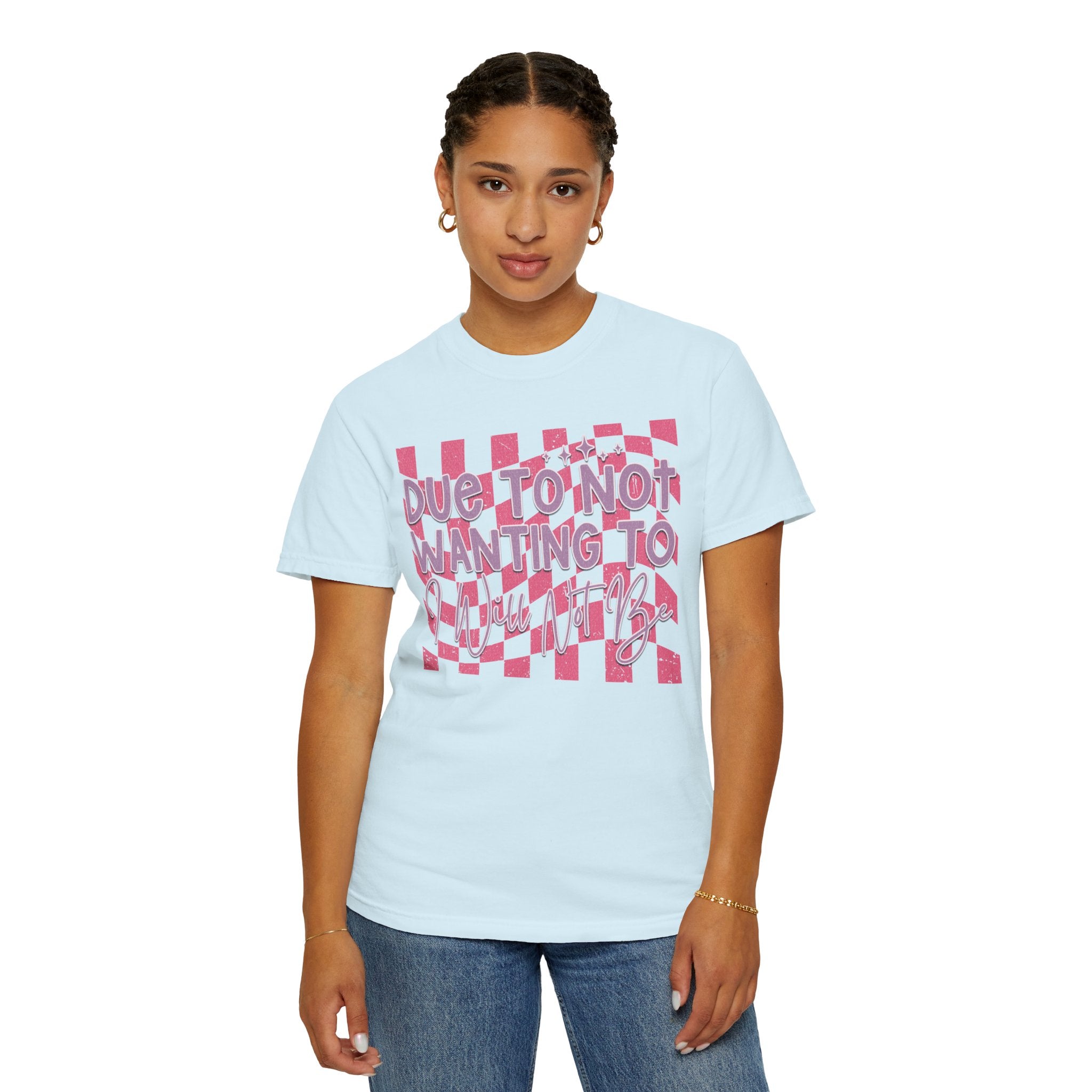 Textured Graphic Tee — “Due to Not Wanting to” Pink Checkerboard T-Shirt