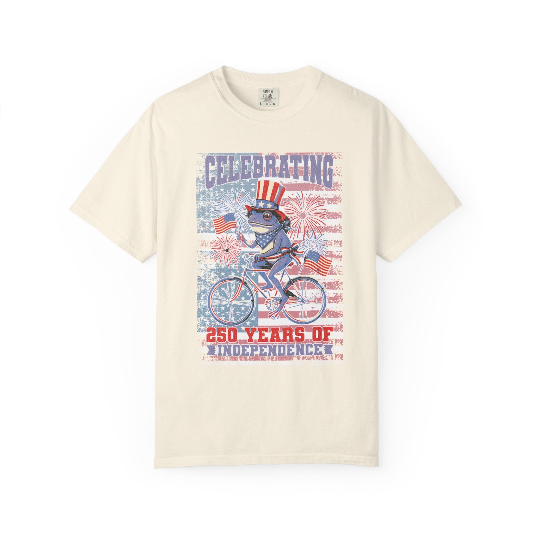 Textured Independence Day Patriotic T-Shirt — "Celebrating 250 Years of Independence" Bicycle Uncle Sam Design