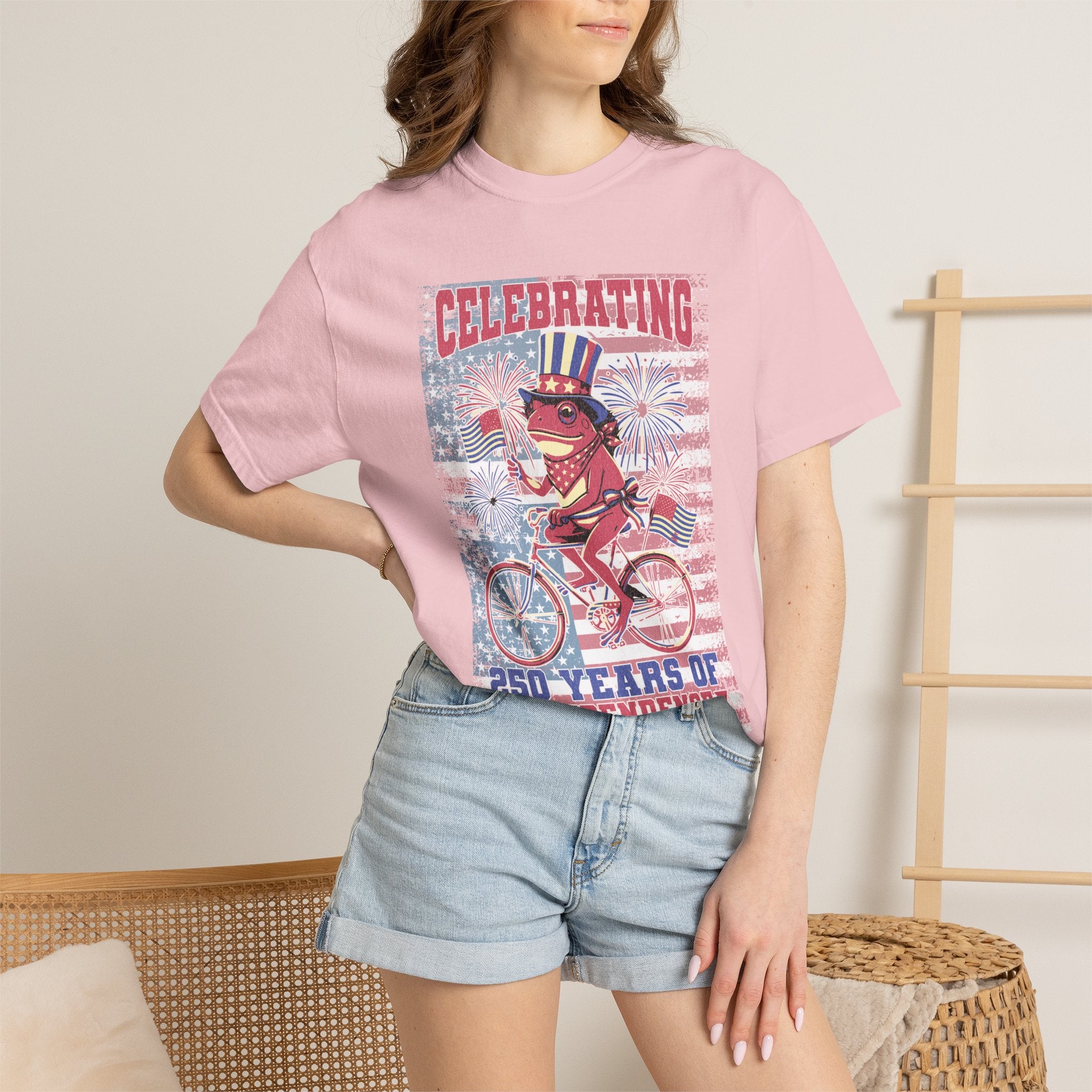 Textured Independence Day Dog on Bike T-Shirt — "Celebrating 250 Years of Independence" Patriotic Tee