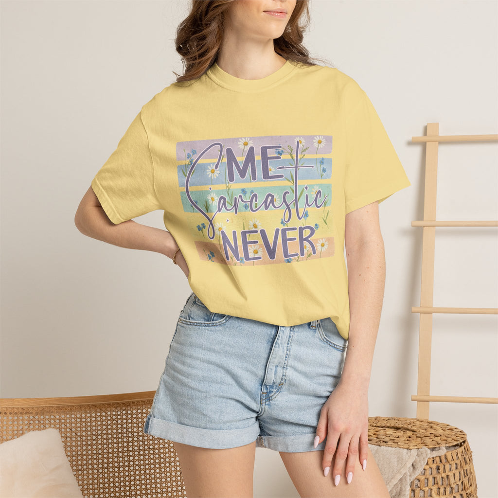 Textured Sarcastic Never T-Shirt — Pastel Striped "Me? Sarcastic? Never" Graphic Tee
