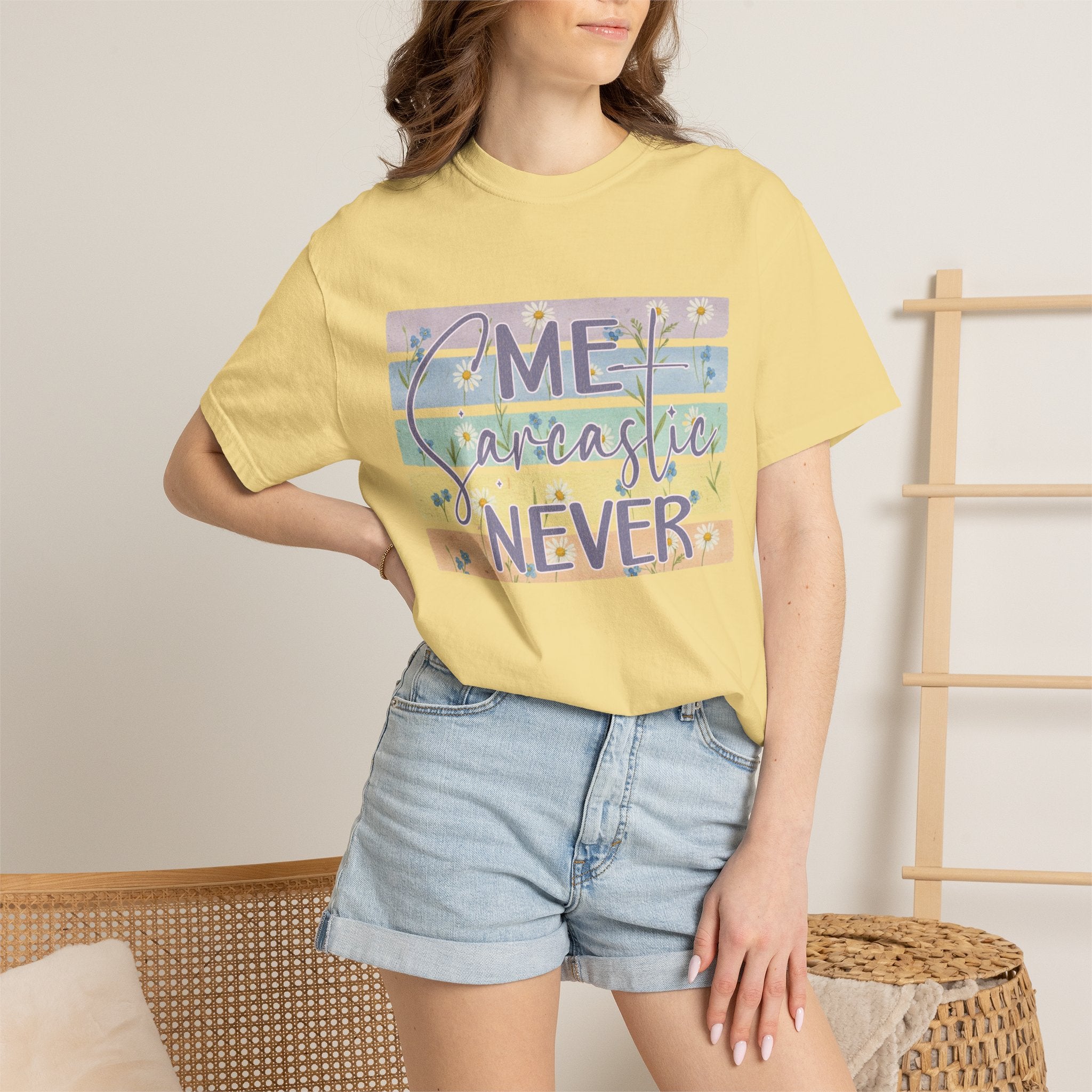 Textured Sarcastic Never T-Shirt — Pastel Striped "Me? Sarcastic? Never" Graphic Tee