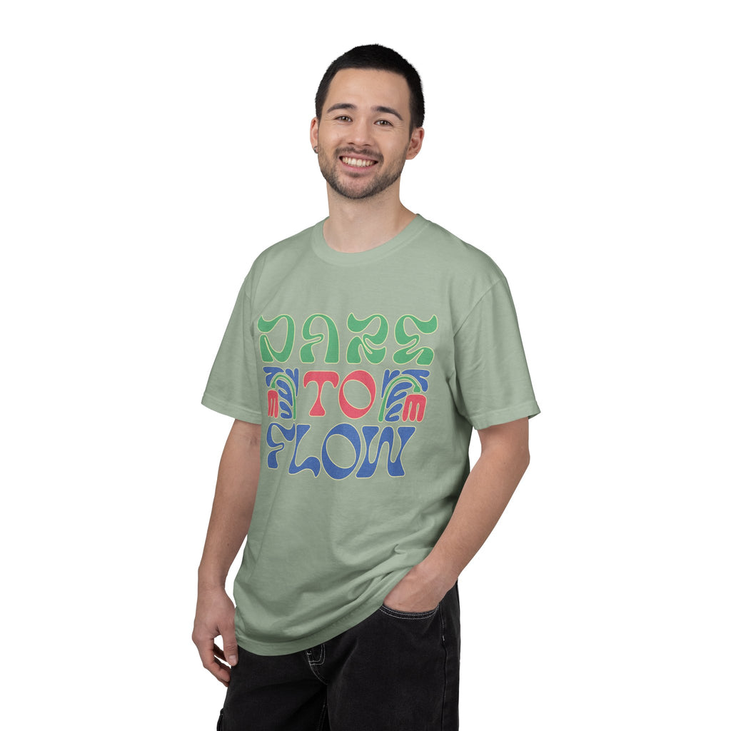 Dare To Flow T-Shirt | Textured Retro Groovy Typography, Colorful Wave Design