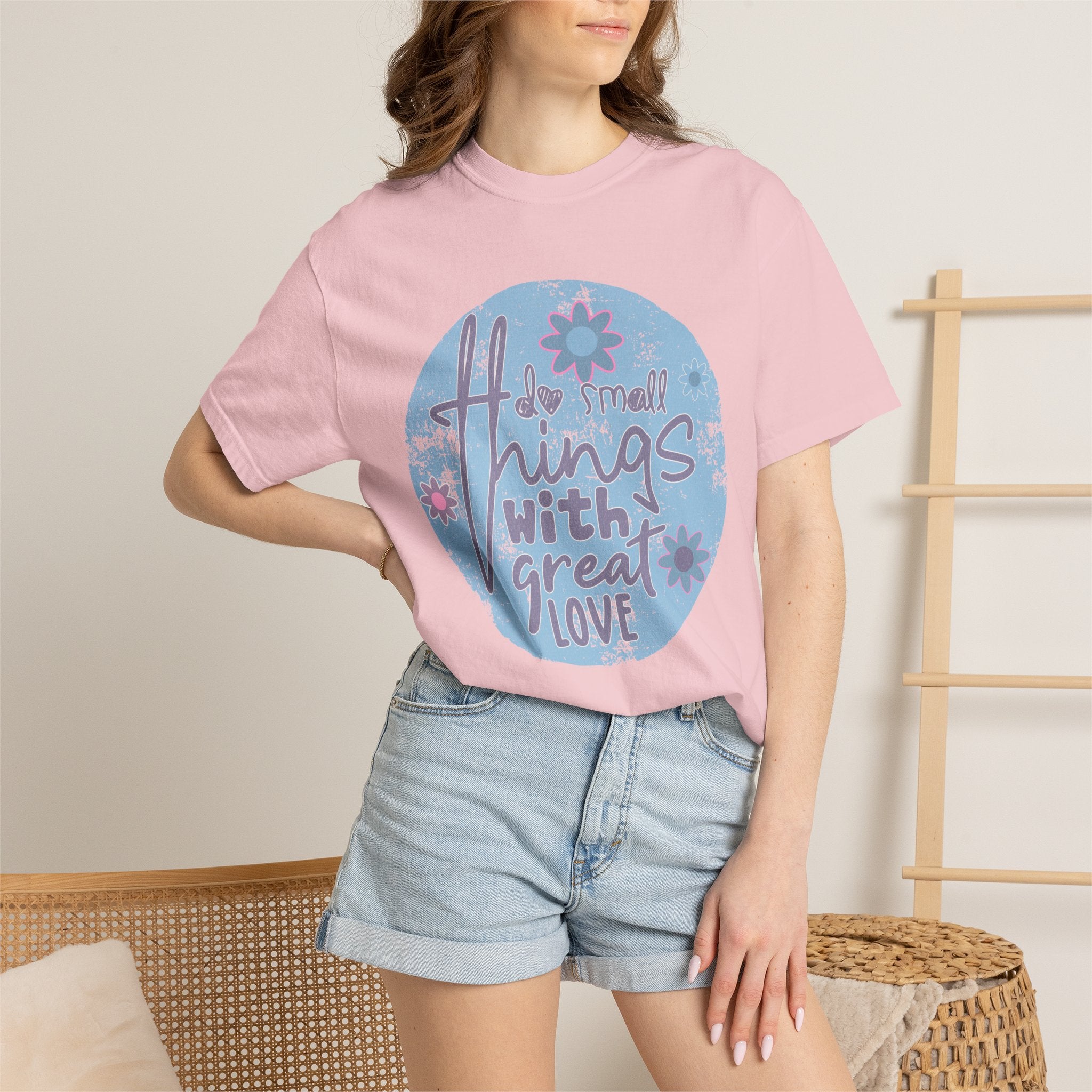 Textured Inspirational Graphic T-Shirt — "Do Small Things With Great Love" Floral Design