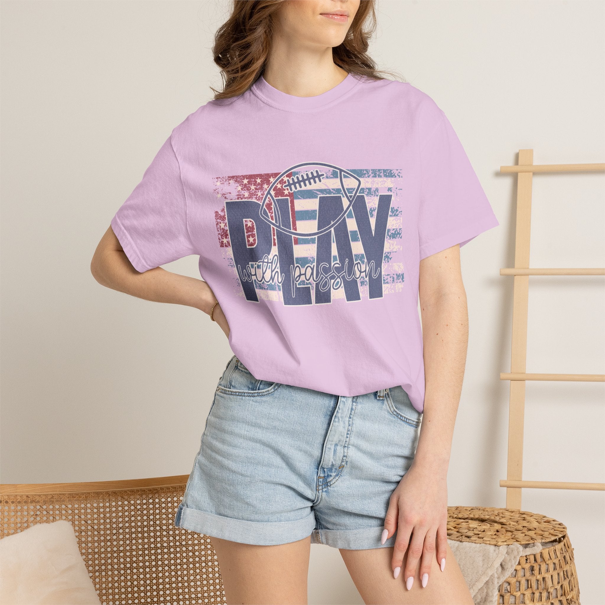 Play With Passion Football Textured Tee — Vintage American Flag Sports Tee