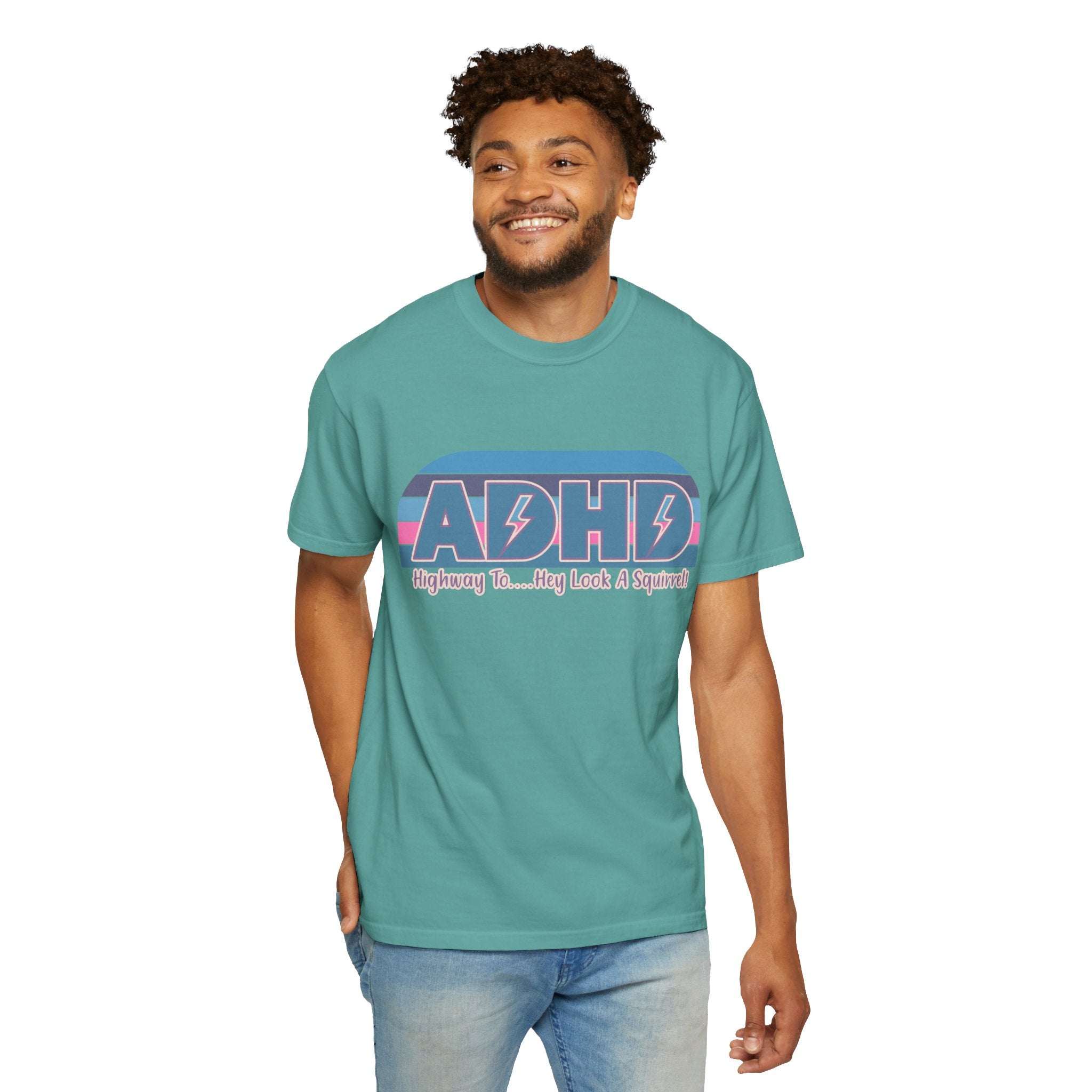 ADHD Retro Stripe T-Shirt — “Highway To… Hey Look A Squirrel!” Funny Neurodivergent Tee