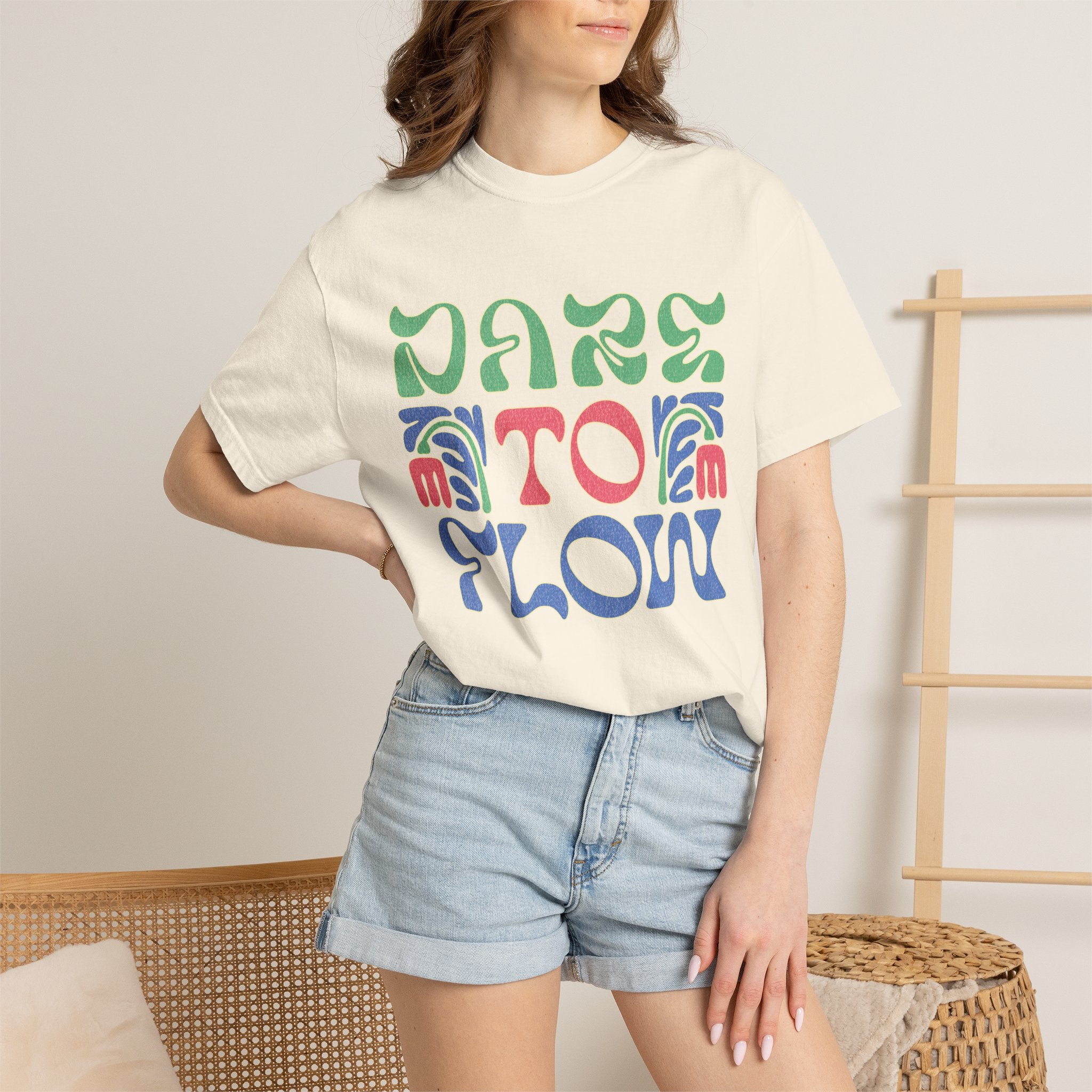 Textured Dare To Flow T-Shirt | Textured Retro Groovy Typography, Colorful Wave Design