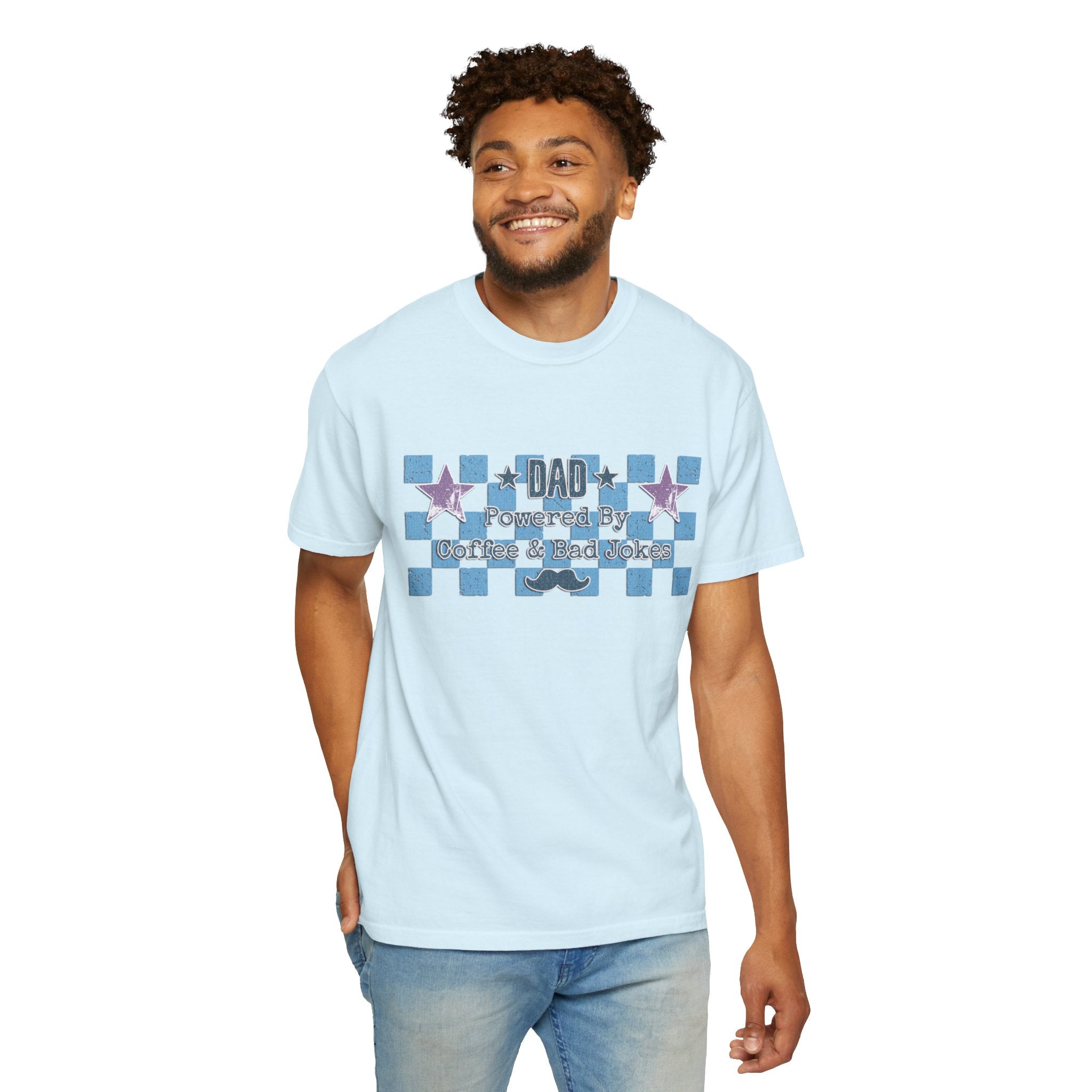 Textured Dad Powered By Coffee & Chaos T-Shirt — Retro Checkered Father's Day Tee