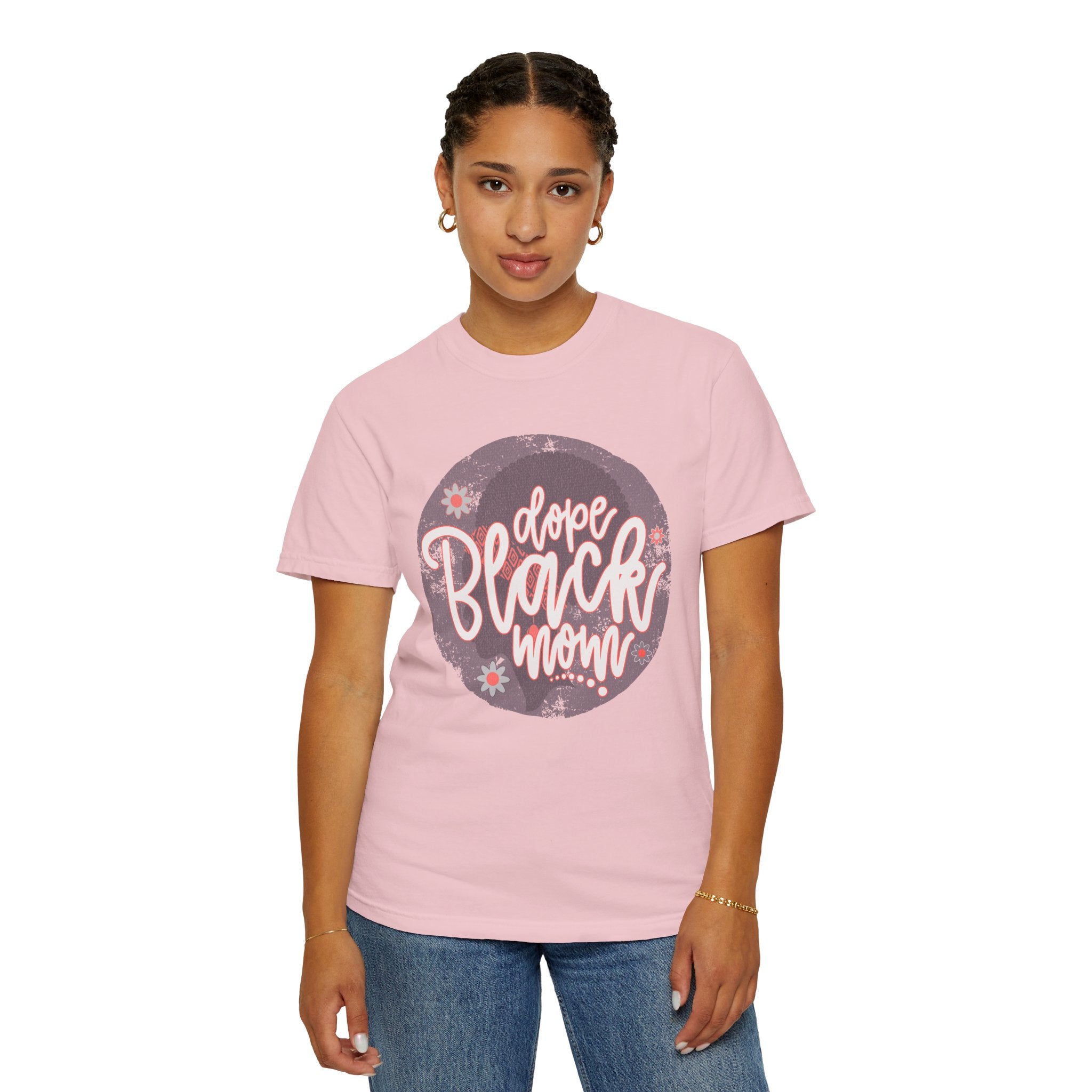 Dope Black Mom Textured T-Shirt — Floral Retro Circle Graphic for Proud Moms