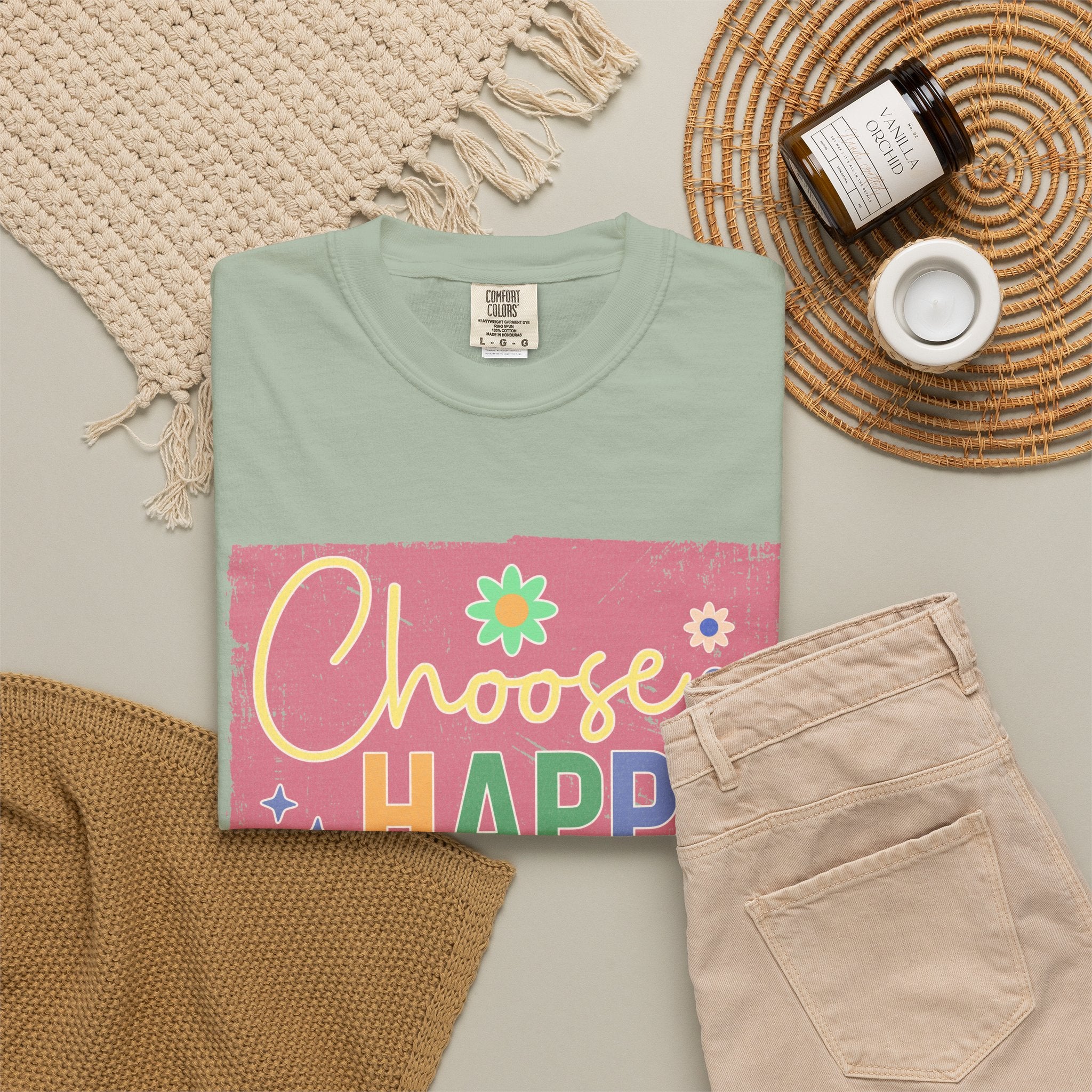 Choose Happy Textured T-Shirt – Retro Floral Positive Vibes Tee