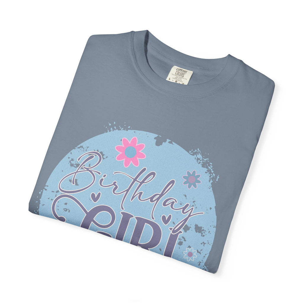 Birthday Girl Textured T-Shirt — Floral Blue Circle Graphic